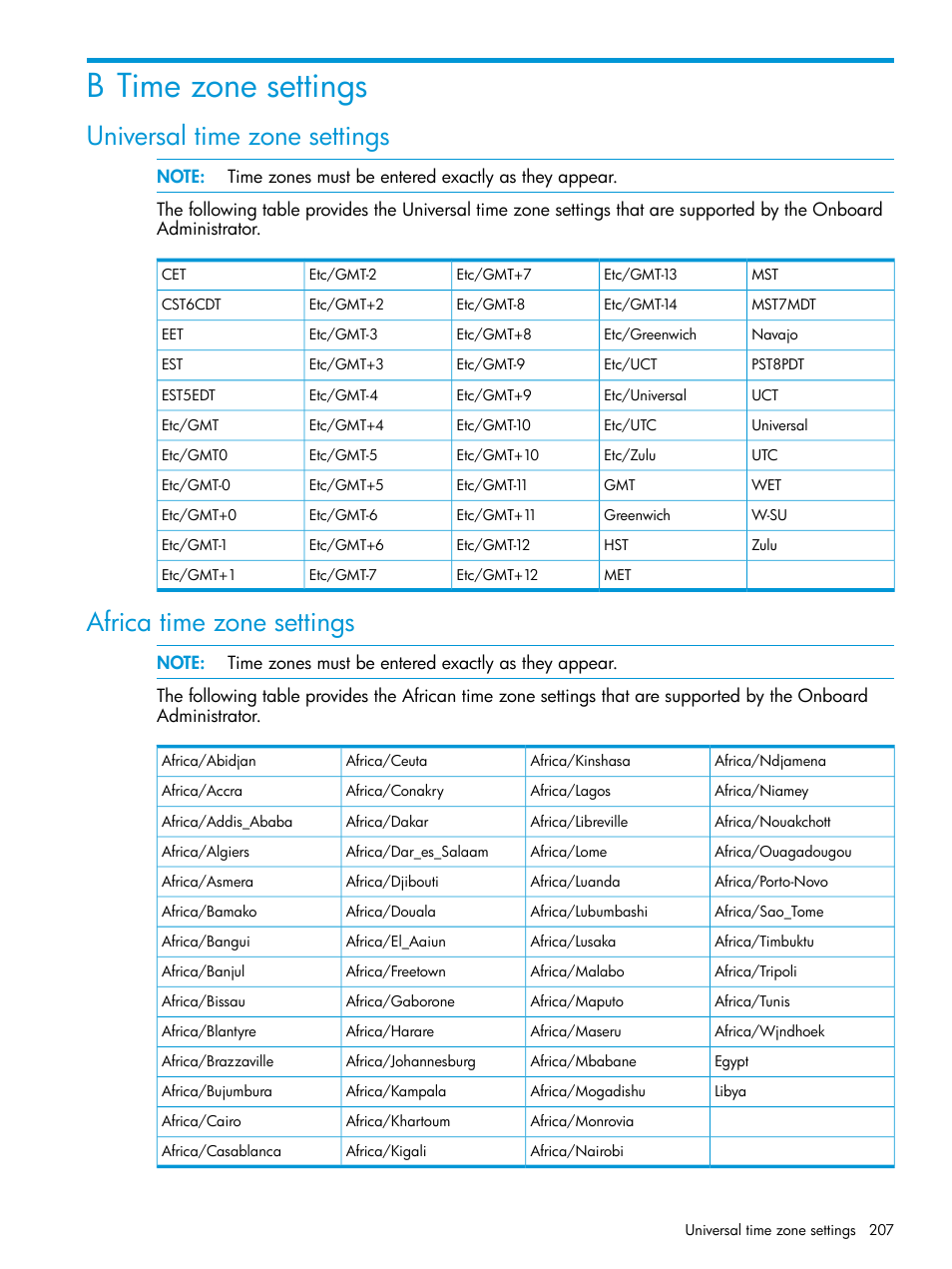 B time zone settings, Universal time zone settings, Africa time zone settings | HP Integrity Superdome 2 Server User Manual | Page 207 / 217