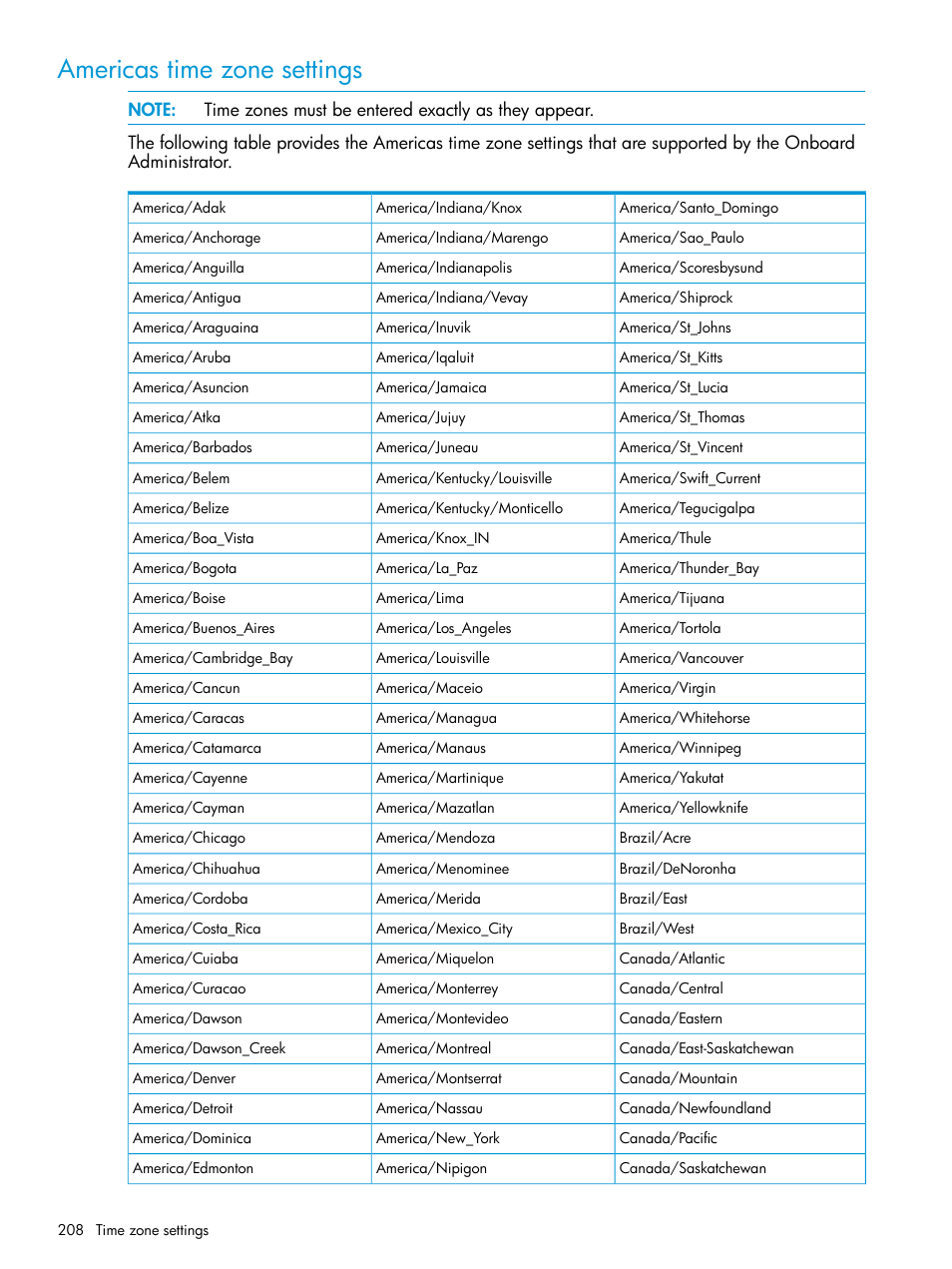 Americas time zone settings | HP Integrity Superdome 2 Server User Manual | Page 208 / 217