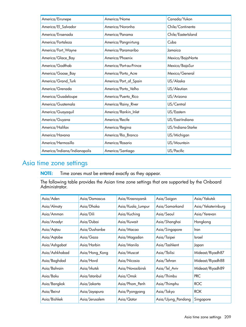 Asia time zone settings | HP Integrity Superdome 2 Server User Manual | Page 209 / 217