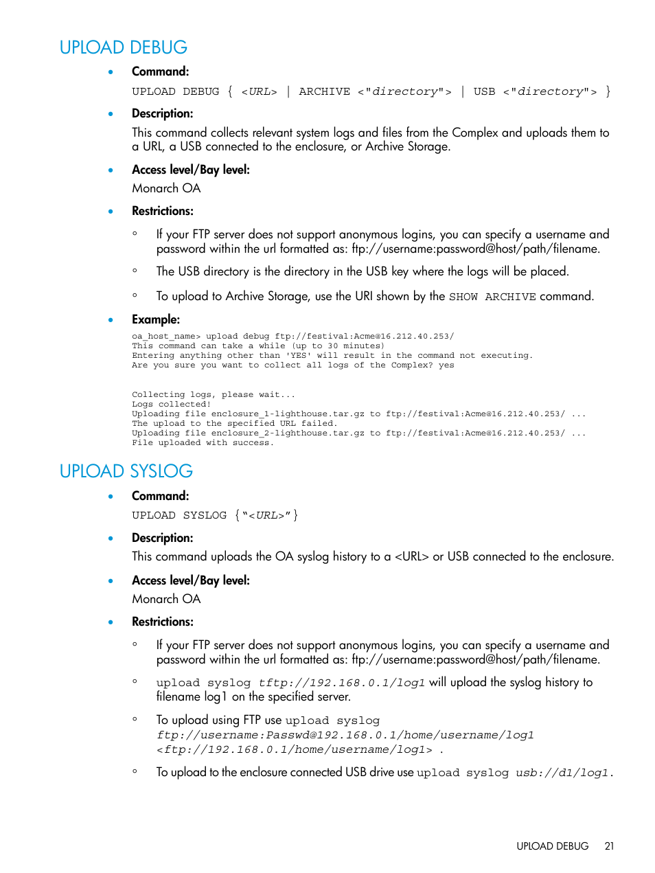 Upload debug, Upload syslog, Upload debug upload syslog | HP Integrity Superdome 2 Server User Manual | Page 21 / 217