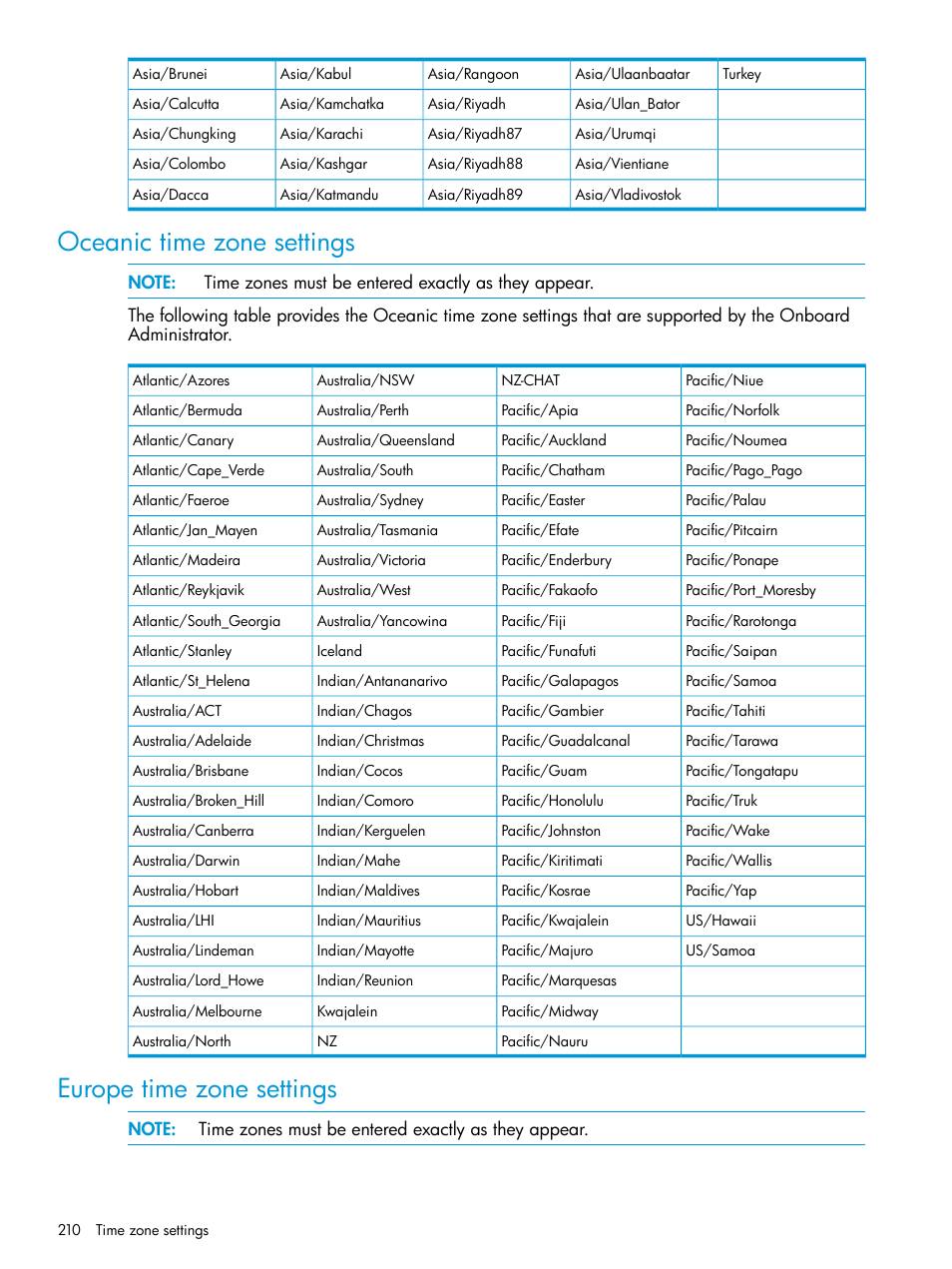 Oceanic time zone settings, Europe time zone settings | HP Integrity Superdome 2 Server User Manual | Page 210 / 217