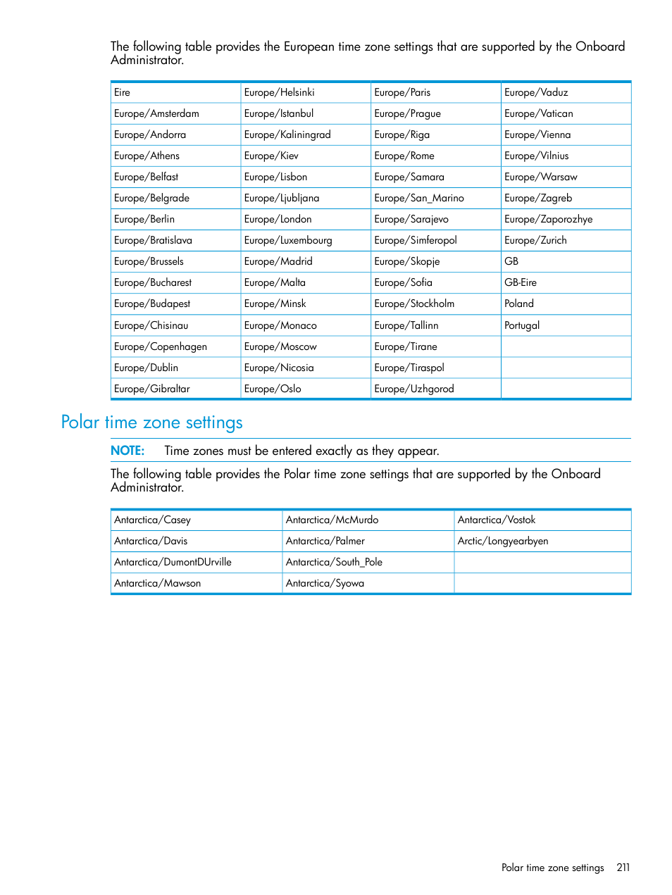 Polar time zone settings | HP Integrity Superdome 2 Server User Manual | Page 211 / 217