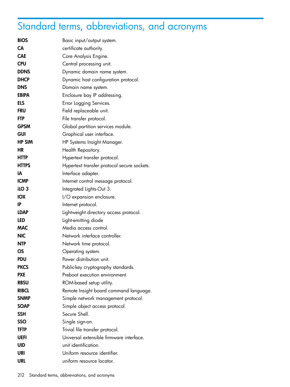 Standard terms, abbreviations, and acronyms | HP Integrity Superdome 2 Server User Manual | Page 212 / 217