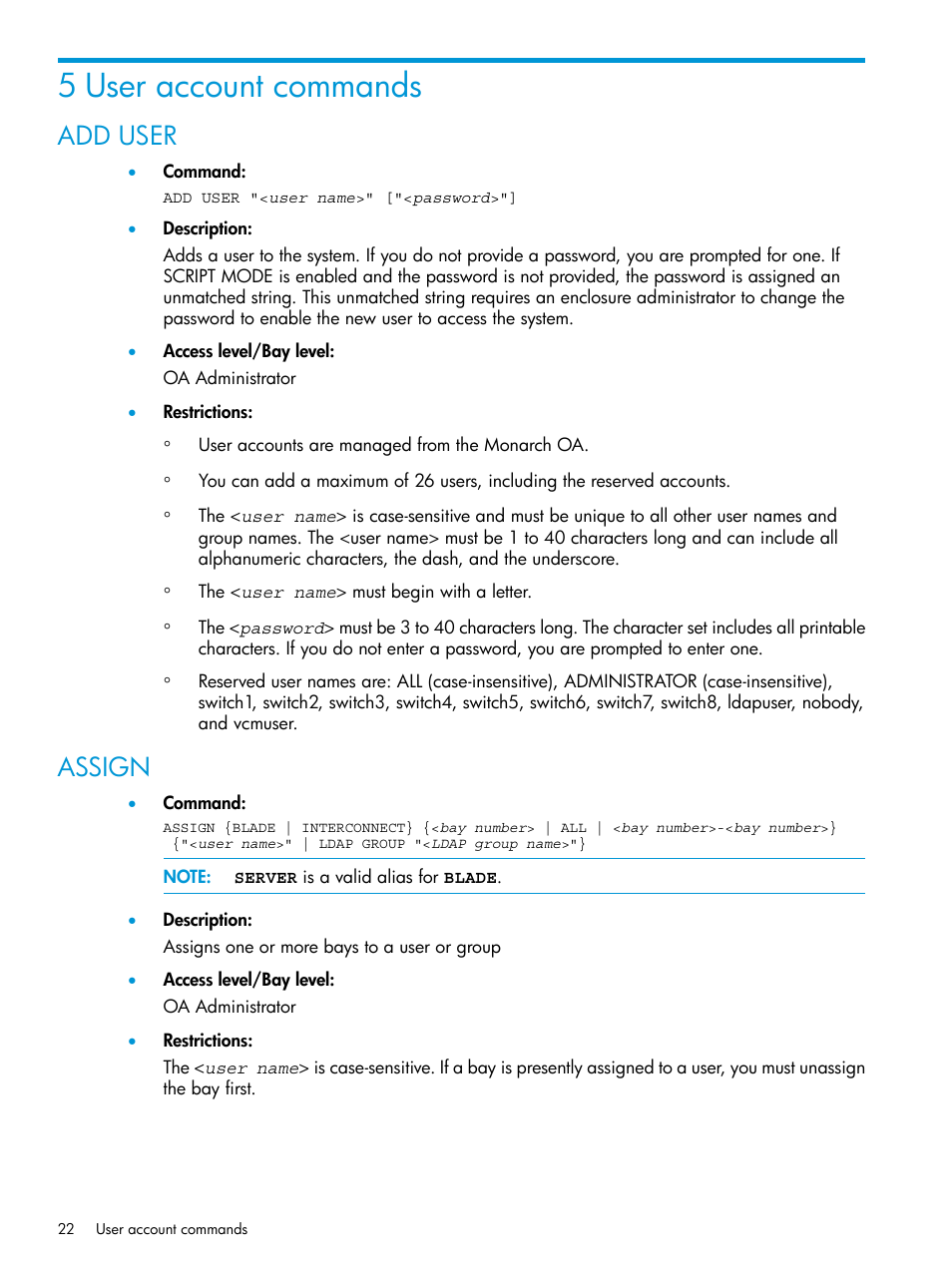 5 user account commands, Add user, Assign | Add user assign | HP Integrity Superdome 2 Server User Manual | Page 22 / 217