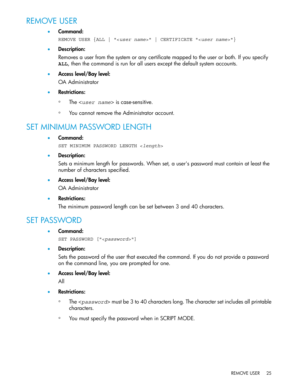 Remove user, Set minimum password length, Set password | HP Integrity Superdome 2 Server User Manual | Page 25 / 217