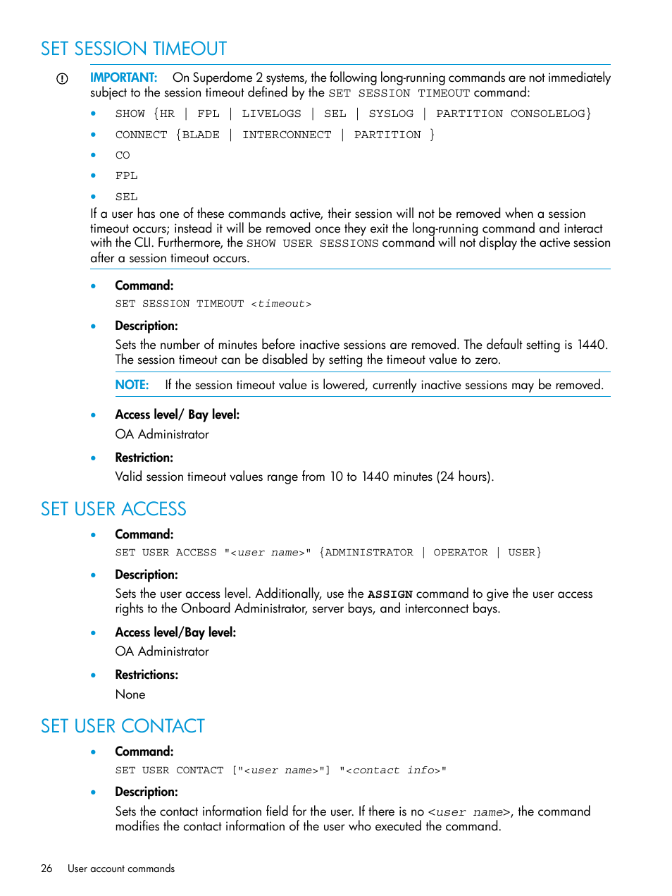 Set session timeout, Set user access, Set user contact | HP Integrity Superdome 2 Server User Manual | Page 26 / 217