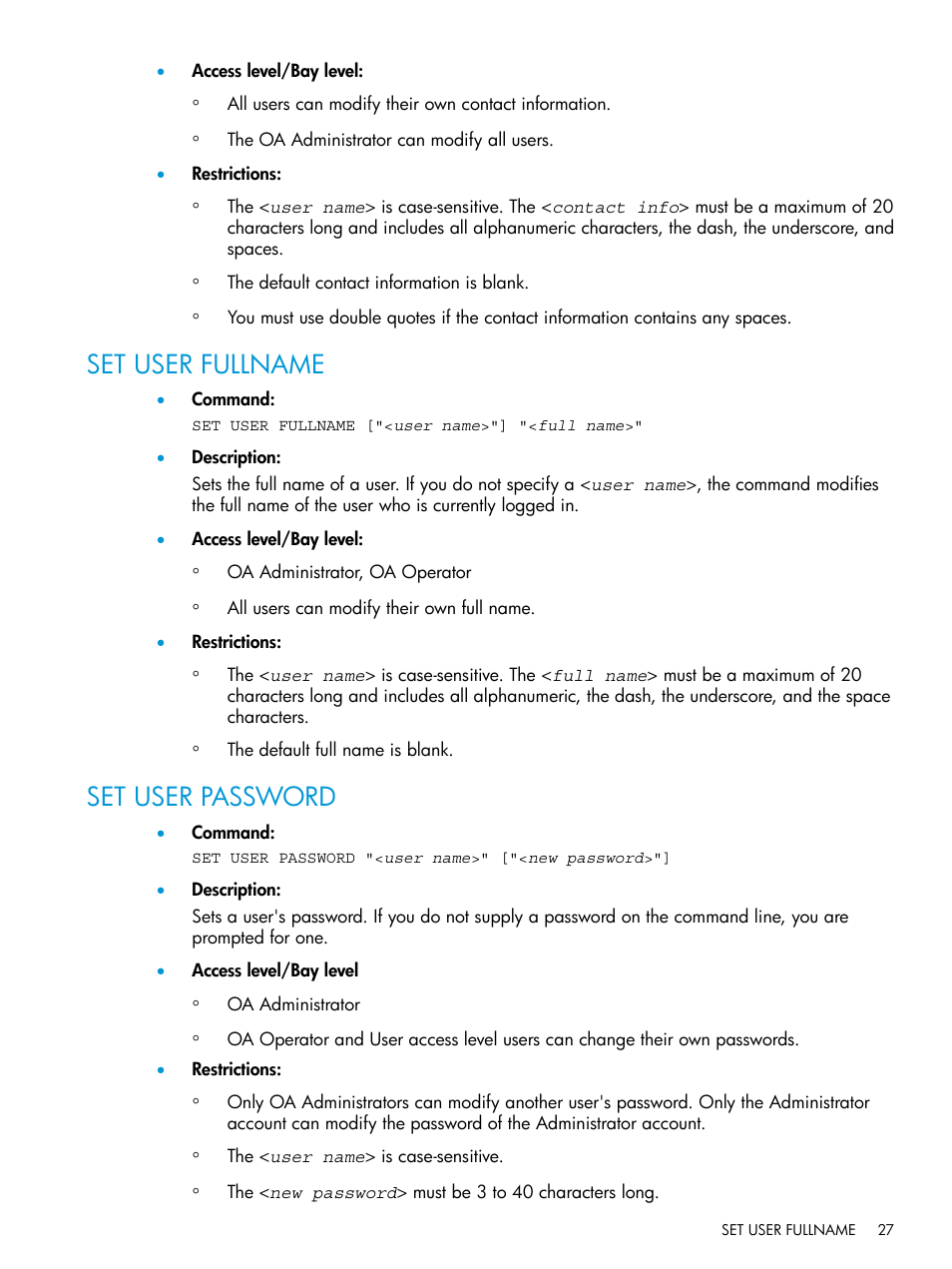 Set user fullname, Set user password, Set user fullname set user password | HP Integrity Superdome 2 Server User Manual | Page 27 / 217