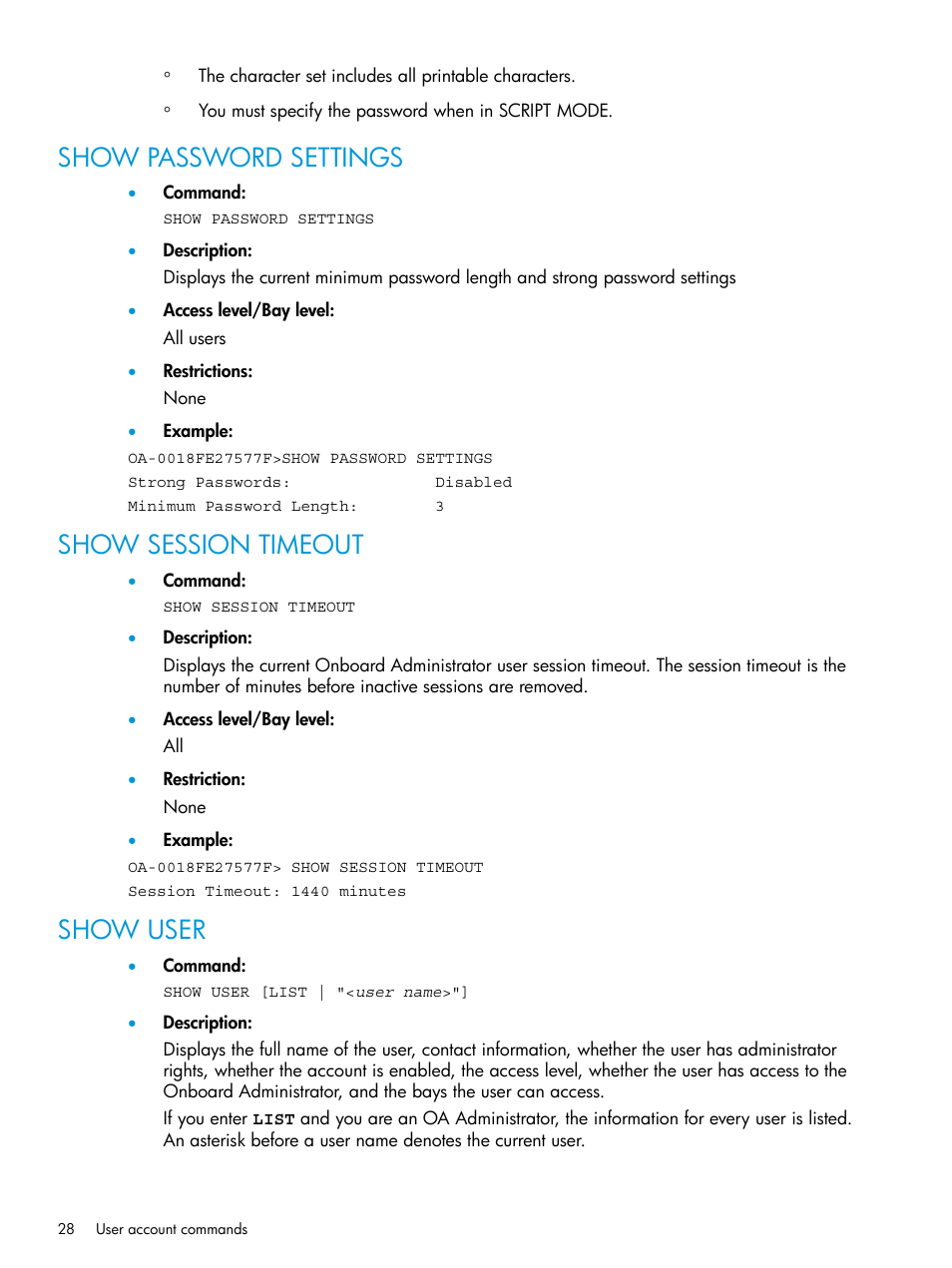 Show password settings, Show session timeout, Show user | HP Integrity Superdome 2 Server User Manual | Page 28 / 217