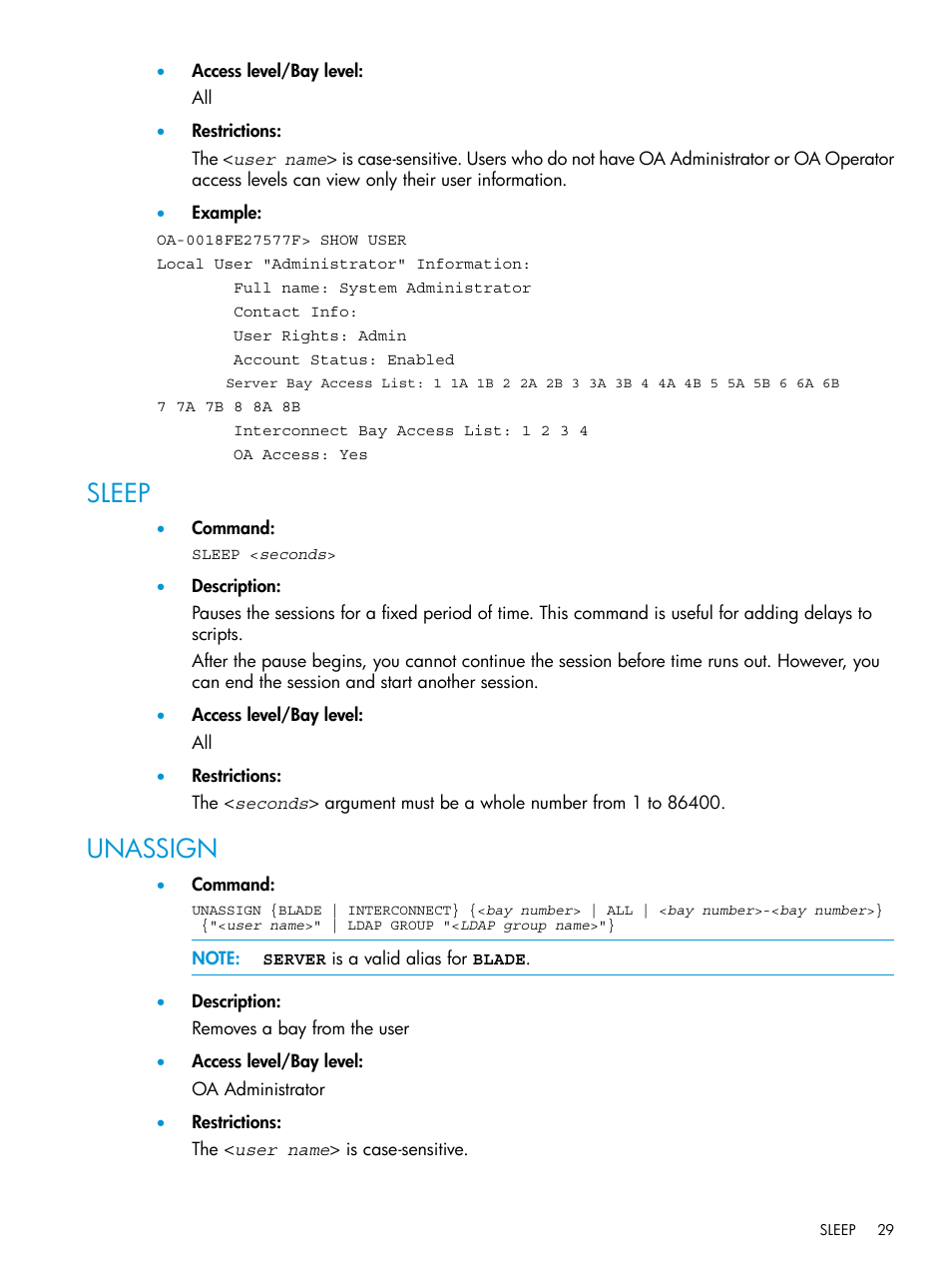 Sleep, Unassign, Sleep unassign | HP Integrity Superdome 2 Server User Manual | Page 29 / 217