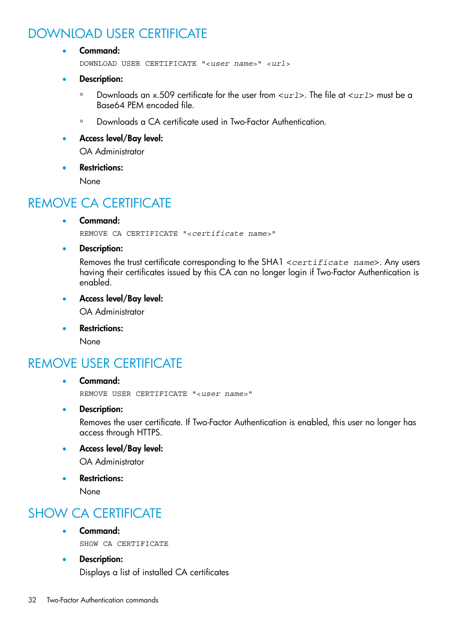 Download user certificate, Remove ca certificate, Remove user certificate | Show ca certificate | HP Integrity Superdome 2 Server User Manual | Page 32 / 217