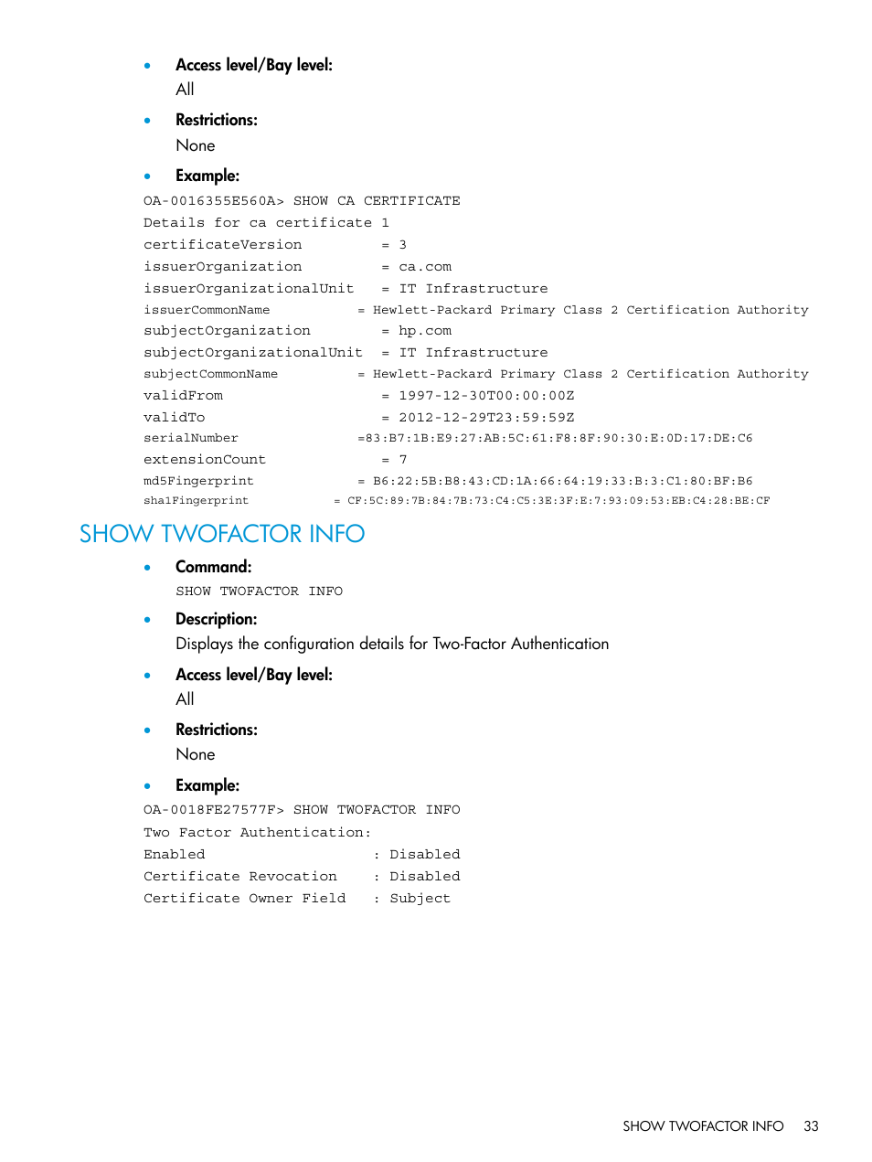 Show twofactor info | HP Integrity Superdome 2 Server User Manual | Page 33 / 217