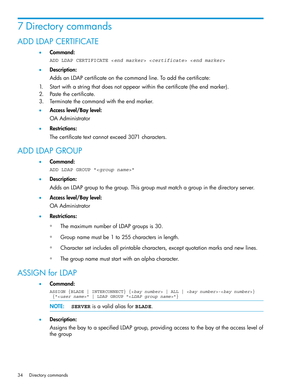 7 directory commands, Add ldap certificate, Add ldap group | Assign for ldap | HP Integrity Superdome 2 Server User Manual | Page 34 / 217