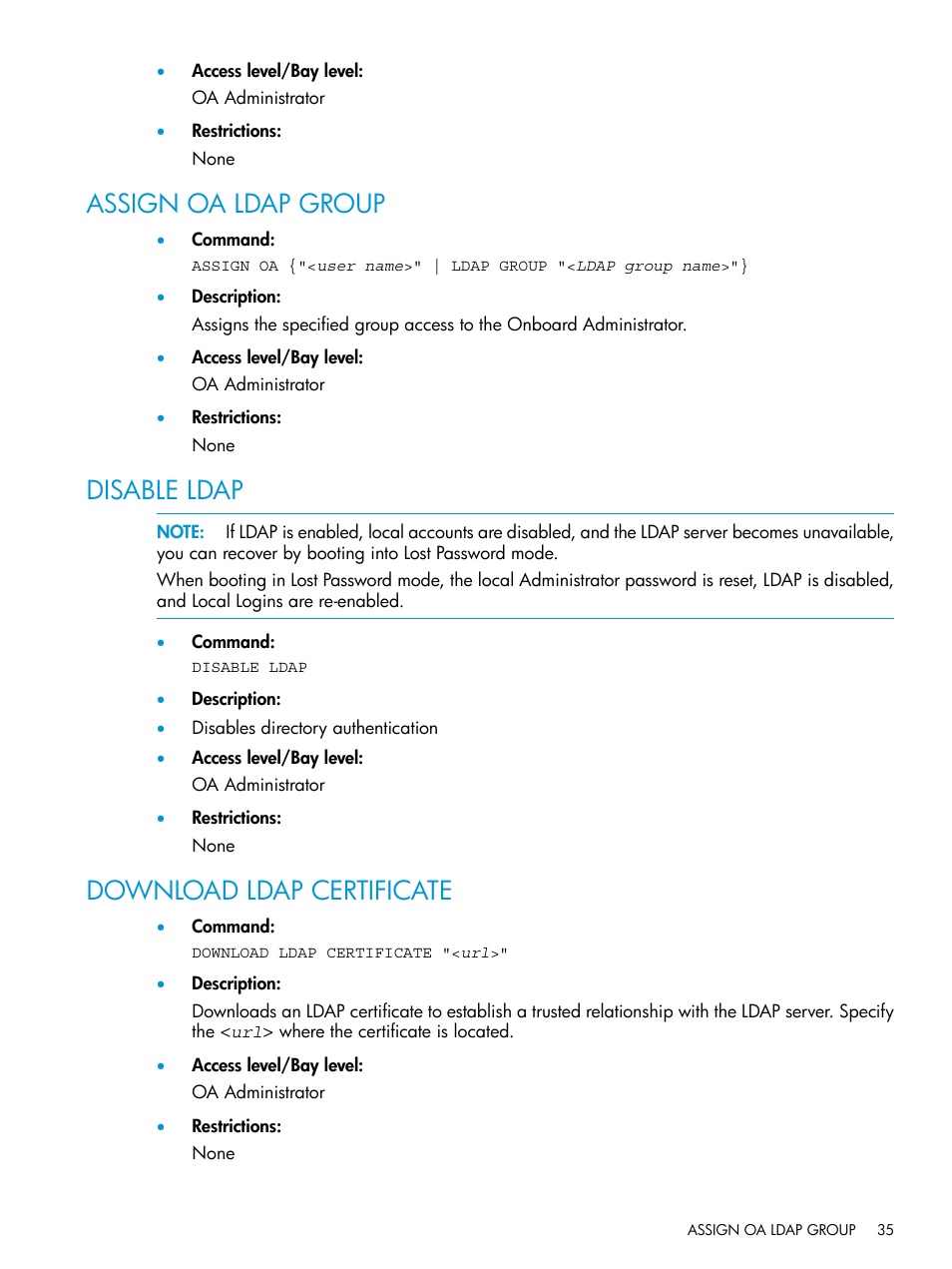 Assign oa ldap group, Disable ldap, Download ldap certificate | HP Integrity Superdome 2 Server User Manual | Page 35 / 217