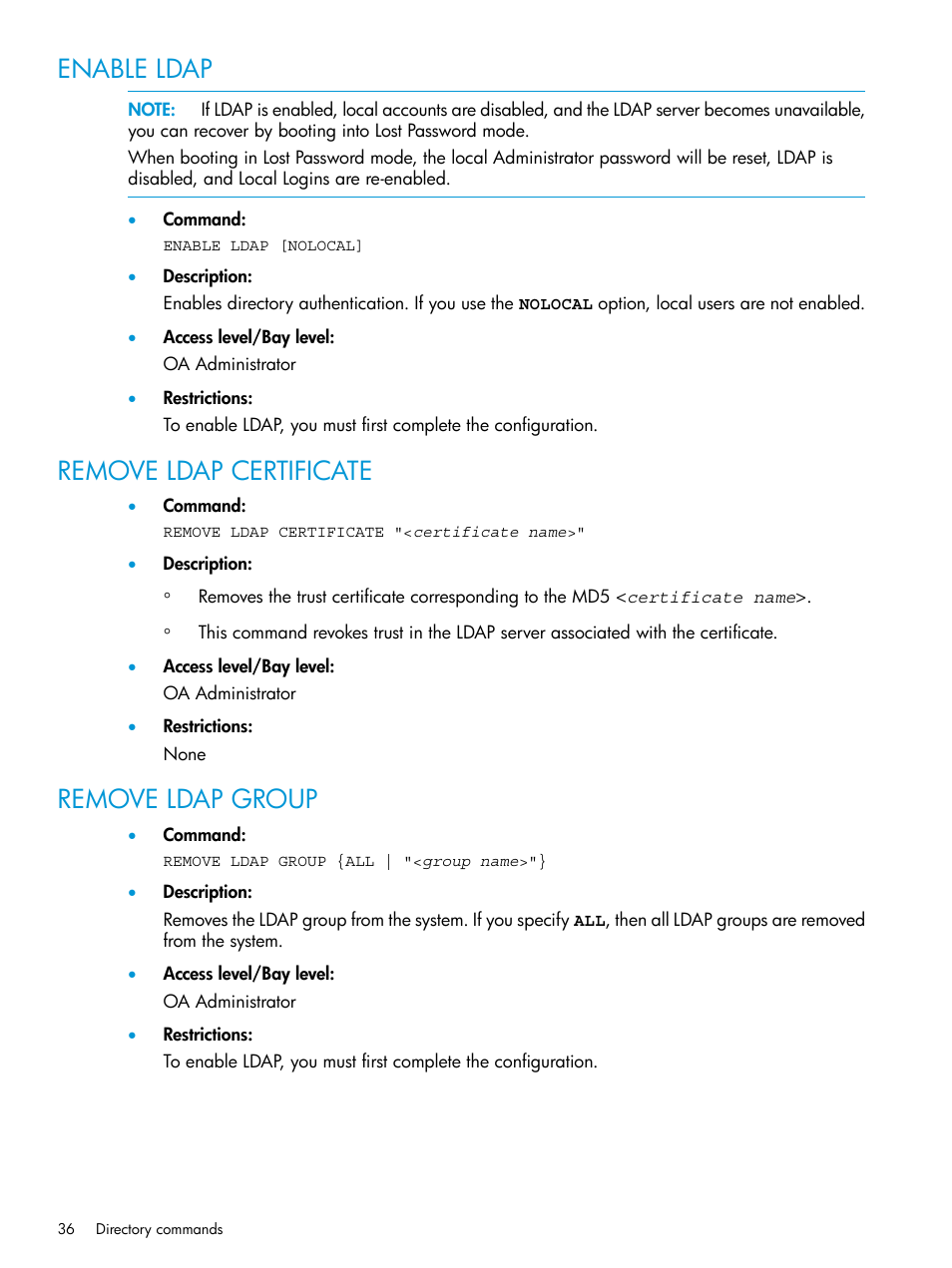 Enable ldap, Remove ldap certificate, Remove ldap group | HP Integrity Superdome 2 Server User Manual | Page 36 / 217