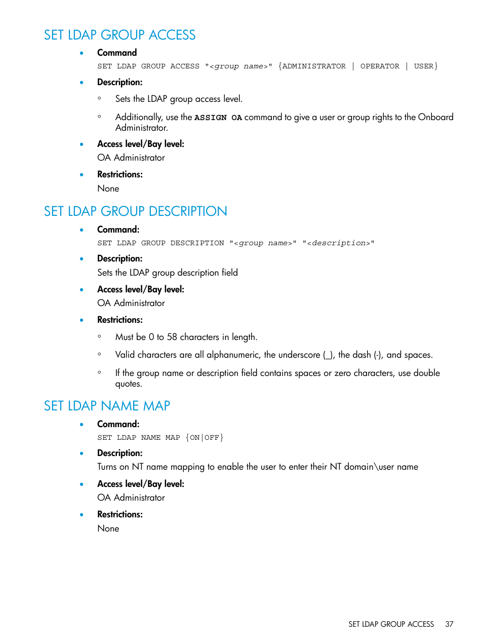 Set ldap group access, Set ldap group description, Set ldap name map | HP Integrity Superdome 2 Server User Manual | Page 37 / 217