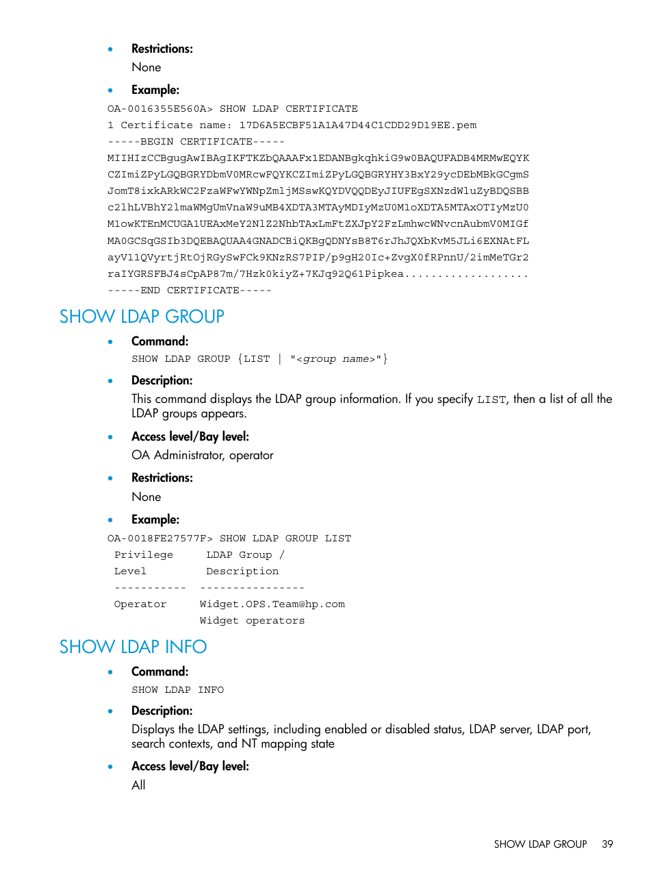 Show ldap group, Show ldap info, Show ldap group show ldap info | HP Integrity Superdome 2 Server User Manual | Page 39 / 217