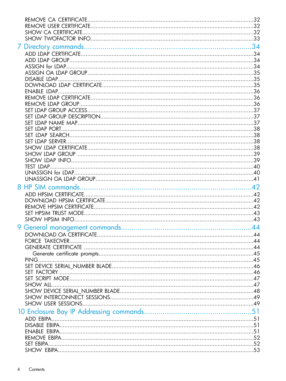 7 directory commands, 8 hp sim commands, 9 general management commands | 10 enclosure bay ip addressing commands | HP Integrity Superdome 2 Server User Manual | Page 4 / 217