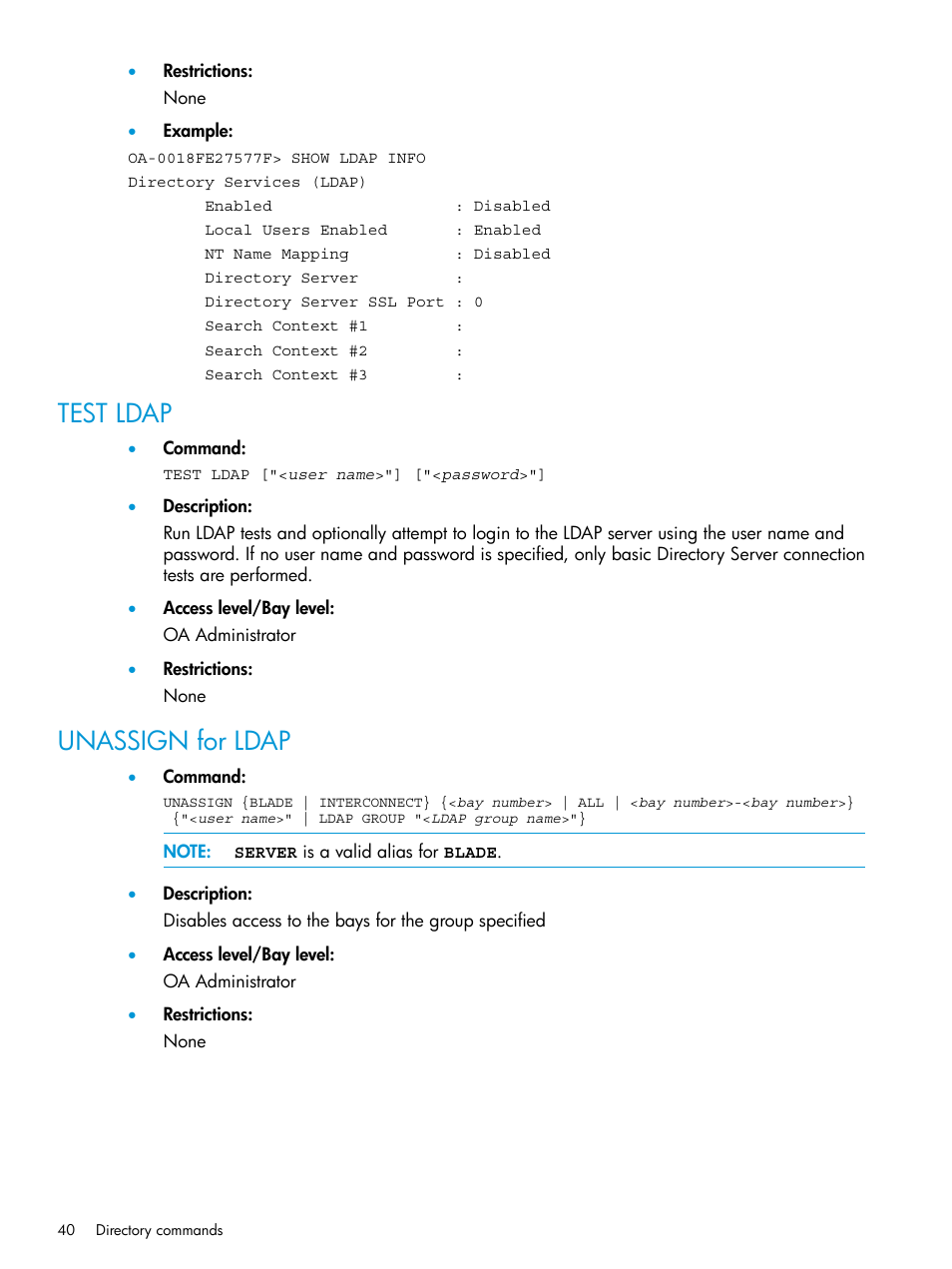 Test ldap, Unassign for ldap, Test ldap unassign for ldap | HP Integrity Superdome 2 Server User Manual | Page 40 / 217