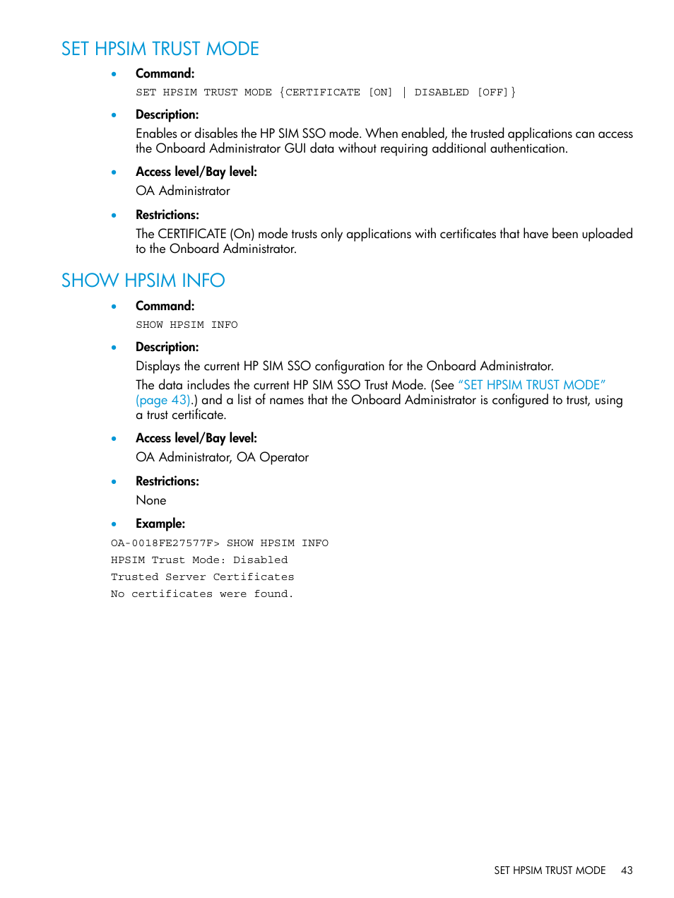 Set hpsim trust mode, Show hpsim info, Set hpsim trust mode show hpsim info | HP Integrity Superdome 2 Server User Manual | Page 43 / 217
