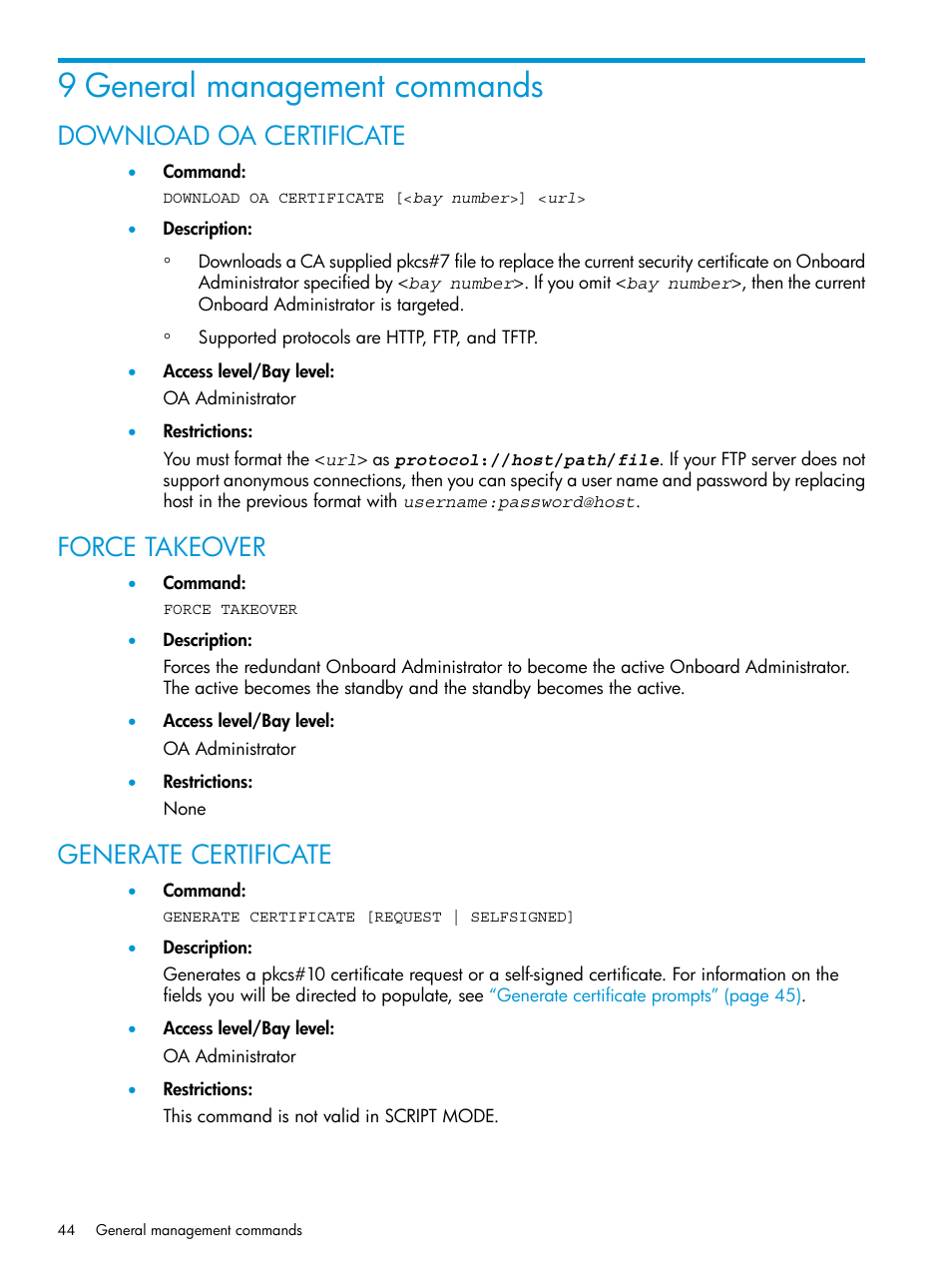 9 general management commands, Download oa certificate, Force takeover | Generate certificate | HP Integrity Superdome 2 Server User Manual | Page 44 / 217