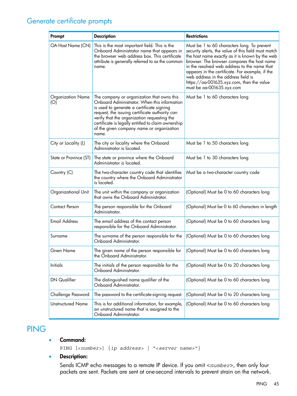 Generate certificate prompts, Ping | HP Integrity Superdome 2 Server User Manual | Page 45 / 217