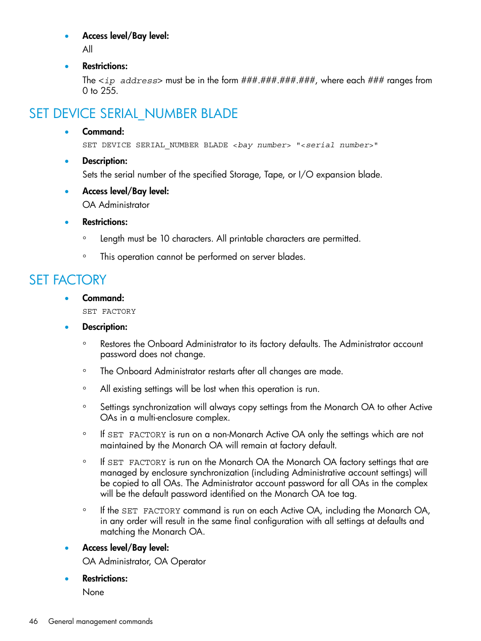 Set device serial_number blade, Set factory, Set device serial_number blade set factory | HP Integrity Superdome 2 Server User Manual | Page 46 / 217