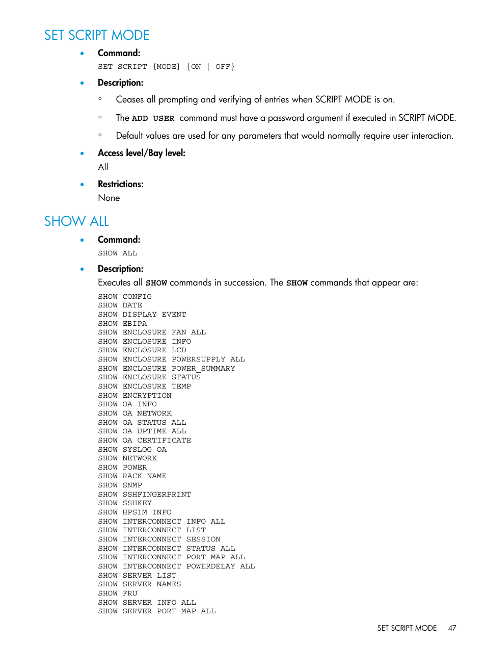 Set script mode, Show all, Set script mode show all | HP Integrity Superdome 2 Server User Manual | Page 47 / 217