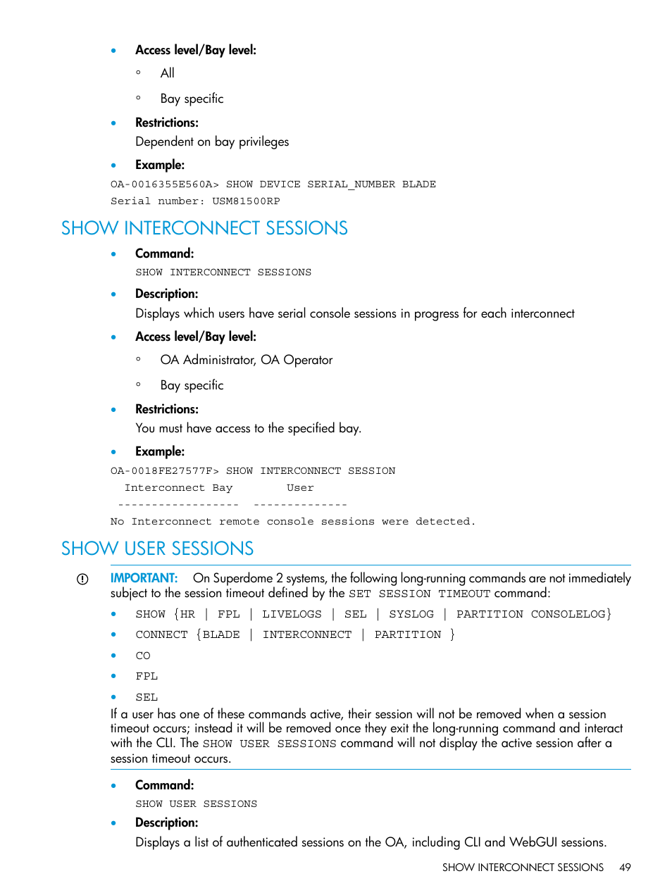 Show interconnect sessions, Show user sessions, Show interconnect sessions show user sessions | HP Integrity Superdome 2 Server User Manual | Page 49 / 217