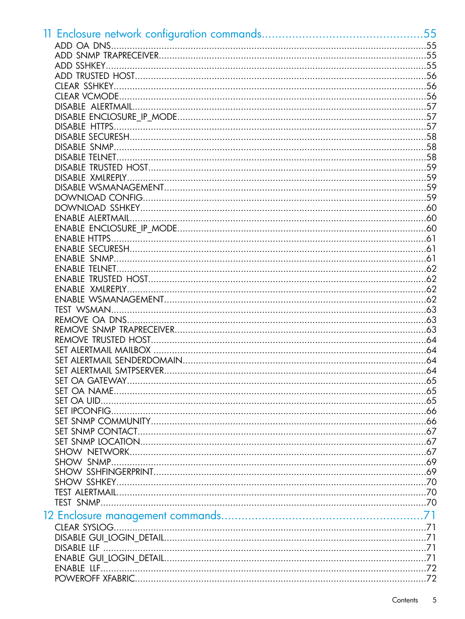 11 enclosure network configuration commands, 12 enclosure management commands | HP Integrity Superdome 2 Server User Manual | Page 5 / 217