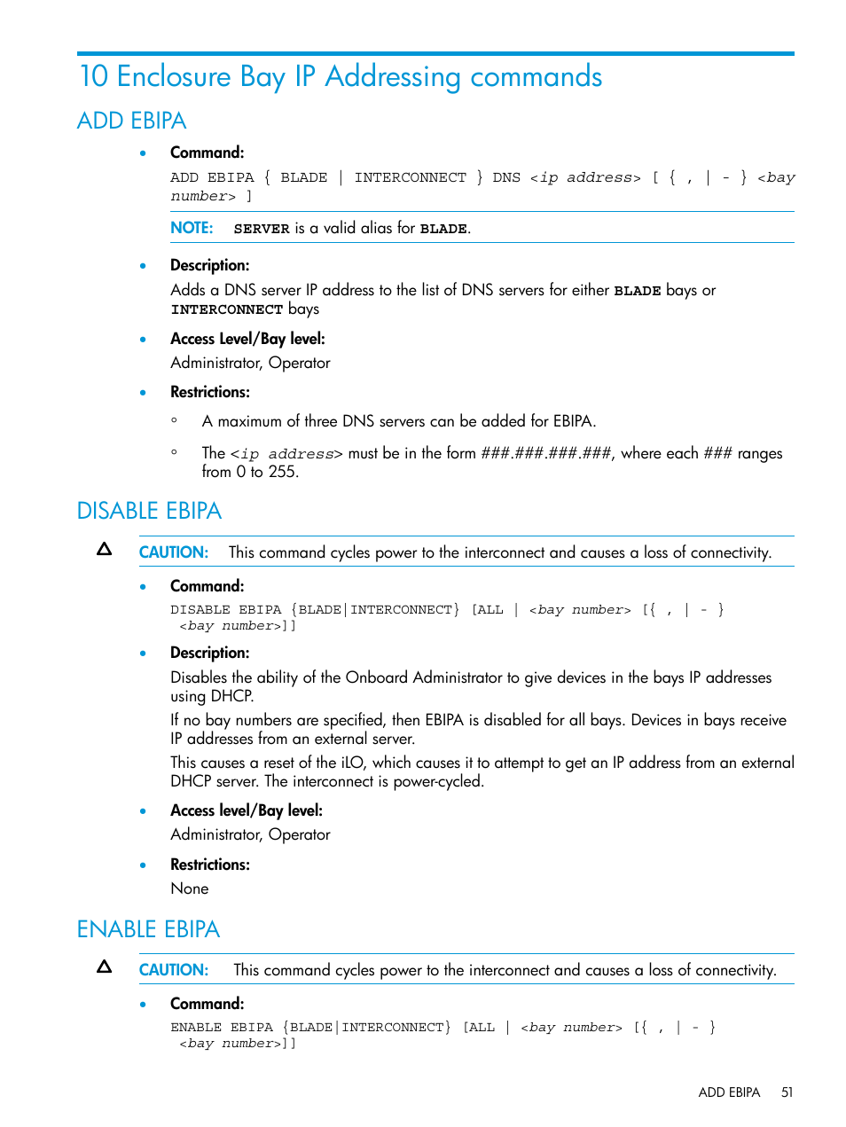 10 enclosure bay ip addressing commands, Add ebipa, Disable ebipa | Enable ebipa, Add ebipa disable ebipa enable ebipa | HP Integrity Superdome 2 Server User Manual | Page 51 / 217