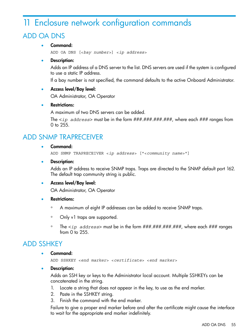 11 enclosure network configuration commands, Add oa dns, Add snmp trapreceiver | Add sshkey, Add oa dns add snmp trapreceiver add sshkey | HP Integrity Superdome 2 Server User Manual | Page 55 / 217