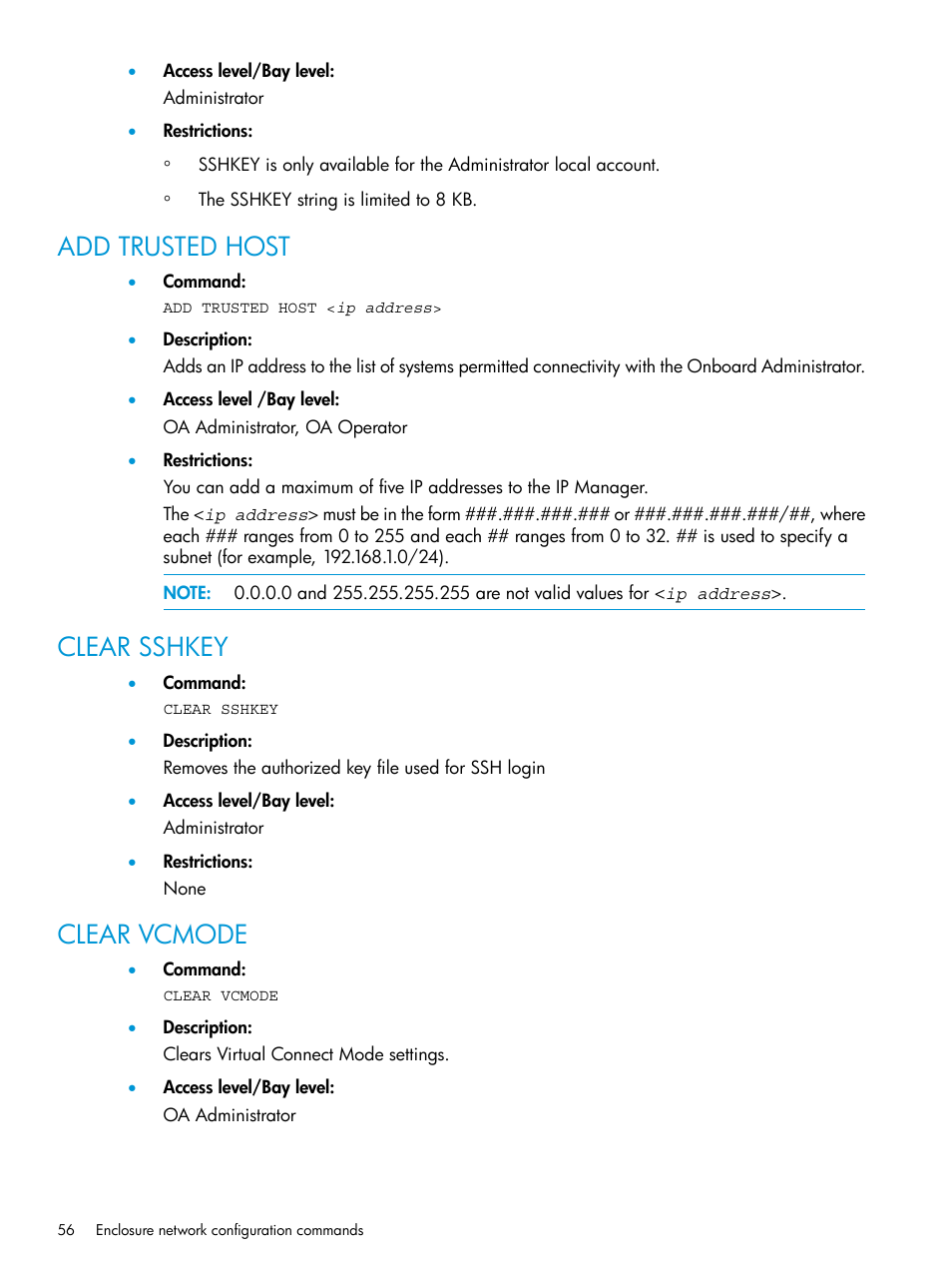 Add trusted host, Clear sshkey, Clear vcmode | Add trusted host clear sshkey clear vcmode | HP Integrity Superdome 2 Server User Manual | Page 56 / 217