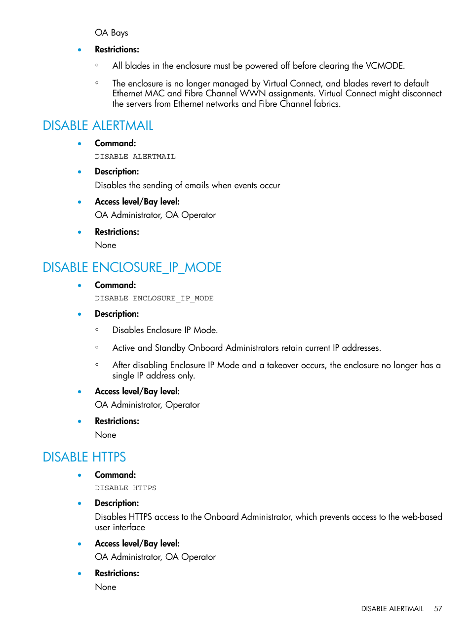 Disable alertmail, Disable enclosure_ip_mode, Disable https | HP Integrity Superdome 2 Server User Manual | Page 57 / 217