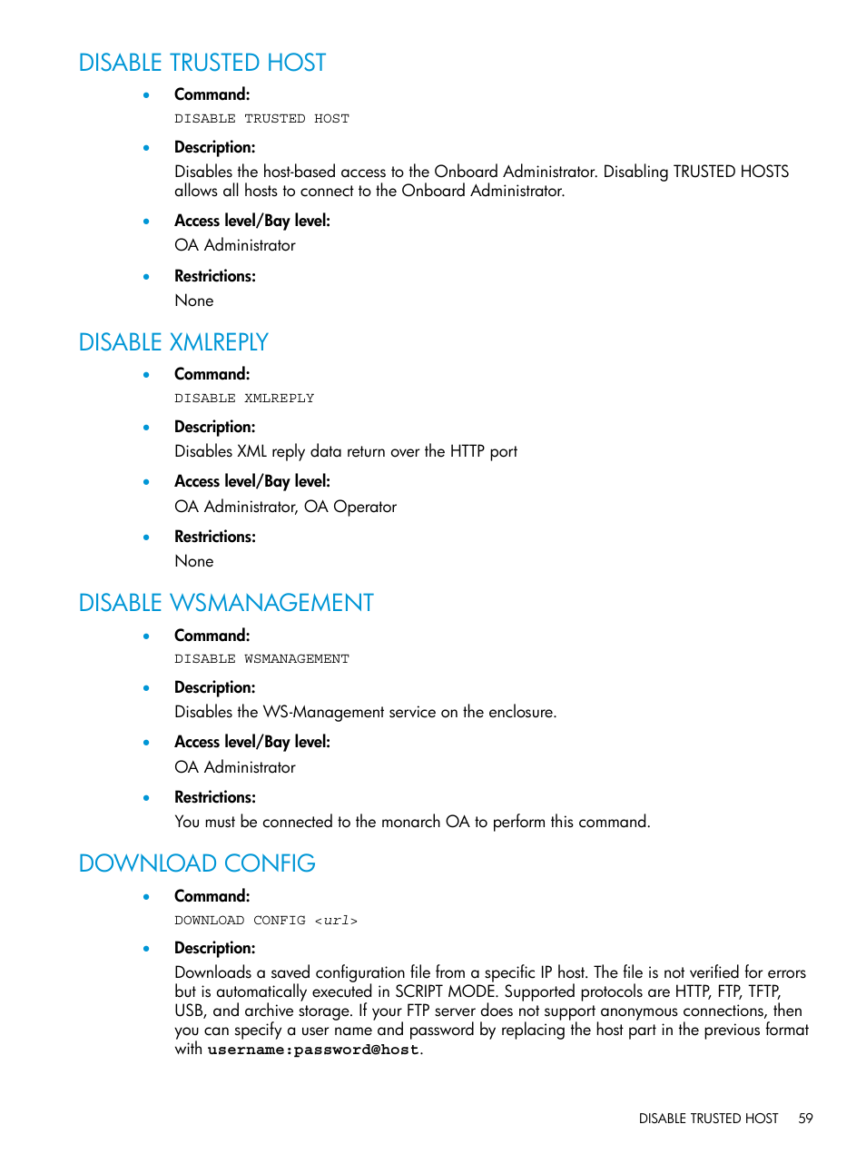 Disable trusted host, Disable xmlreply, Disable wsmanagement | Download config | HP Integrity Superdome 2 Server User Manual | Page 59 / 217