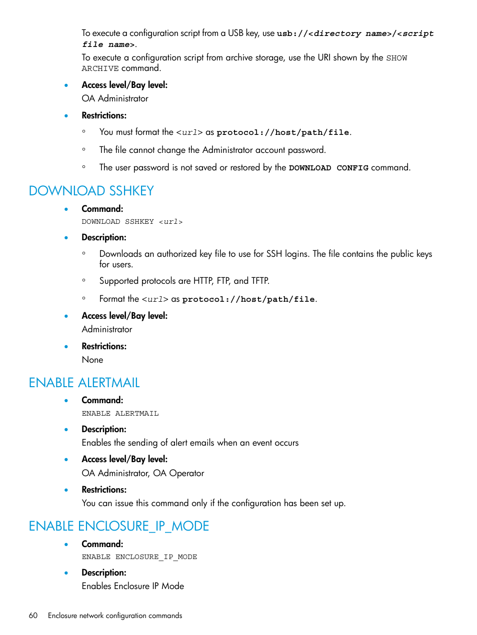 Download sshkey, Enable alertmail, Enable enclosure_ip_mode | HP Integrity Superdome 2 Server User Manual | Page 60 / 217