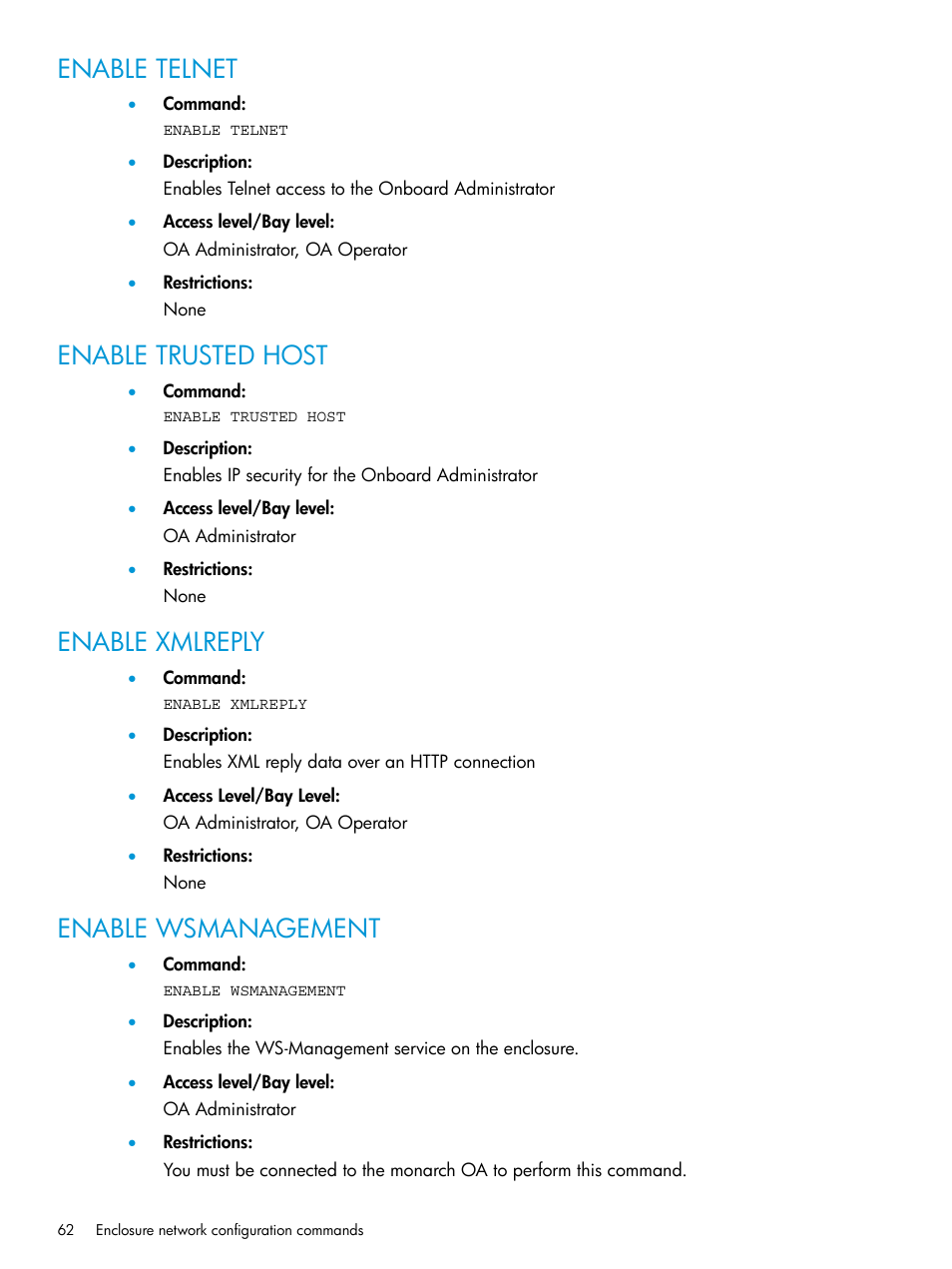 Enable telnet, Enable trusted host, Enable xmlreply | Enable wsmanagement | HP Integrity Superdome 2 Server User Manual | Page 62 / 217