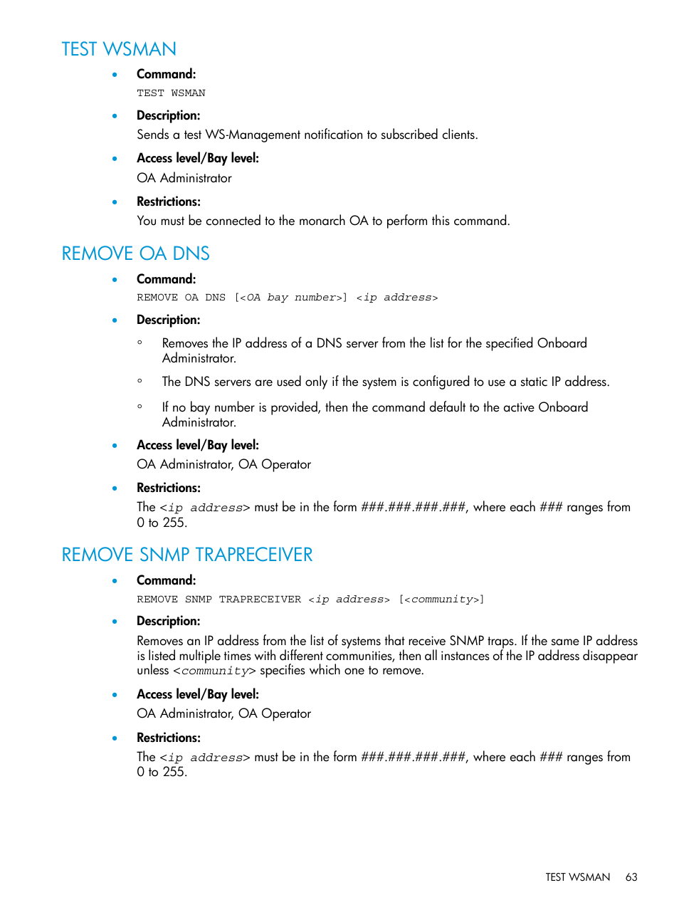 Test wsman, Remove oa dns, Remove snmp trapreceiver | Test wsman remove oa dns remove snmp trapreceiver | HP Integrity Superdome 2 Server User Manual | Page 63 / 217