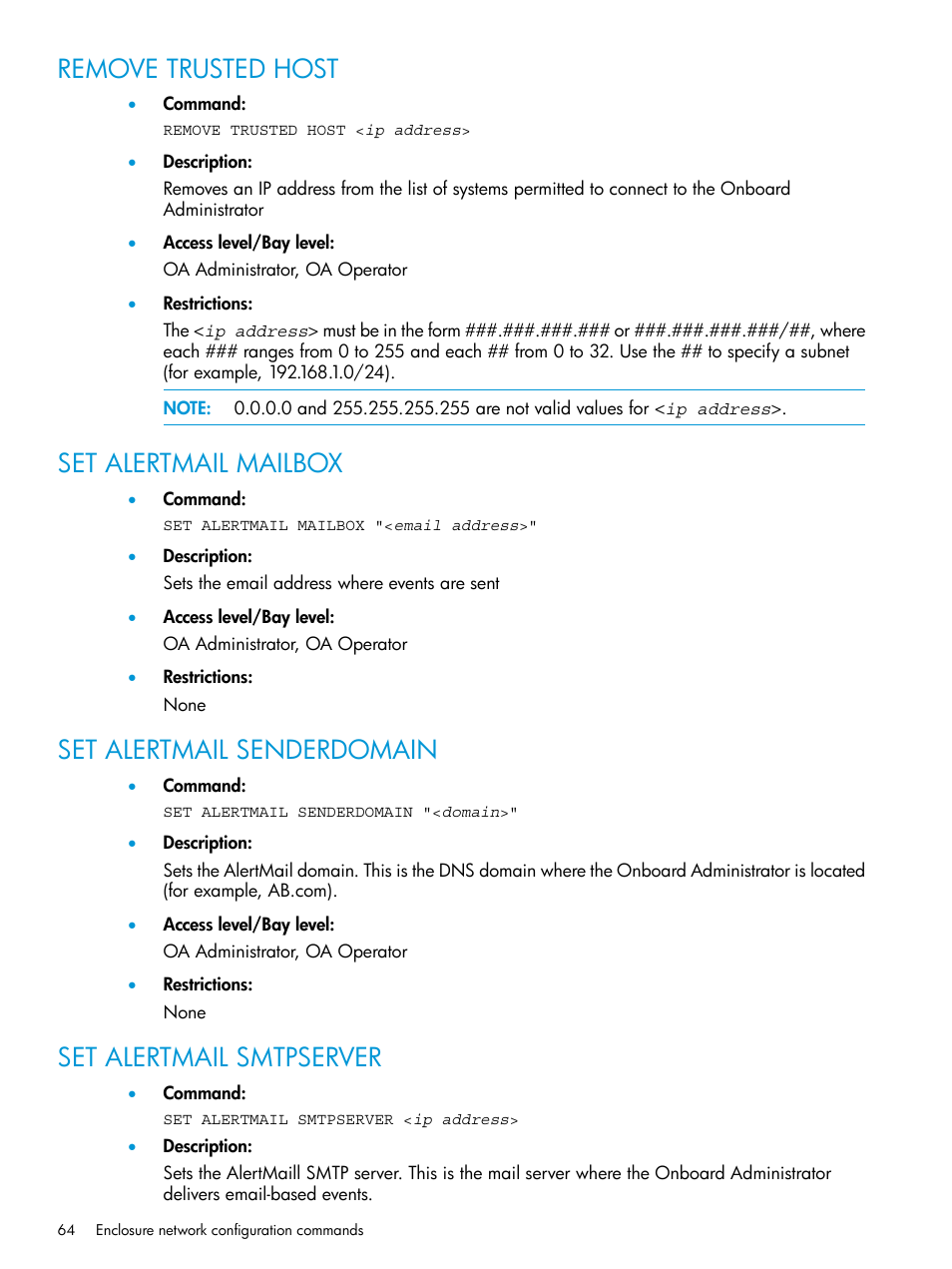 Remove trusted host, Set alertmail mailbox, Set alertmail senderdomain | Set alertmail smtpserver | HP Integrity Superdome 2 Server User Manual | Page 64 / 217