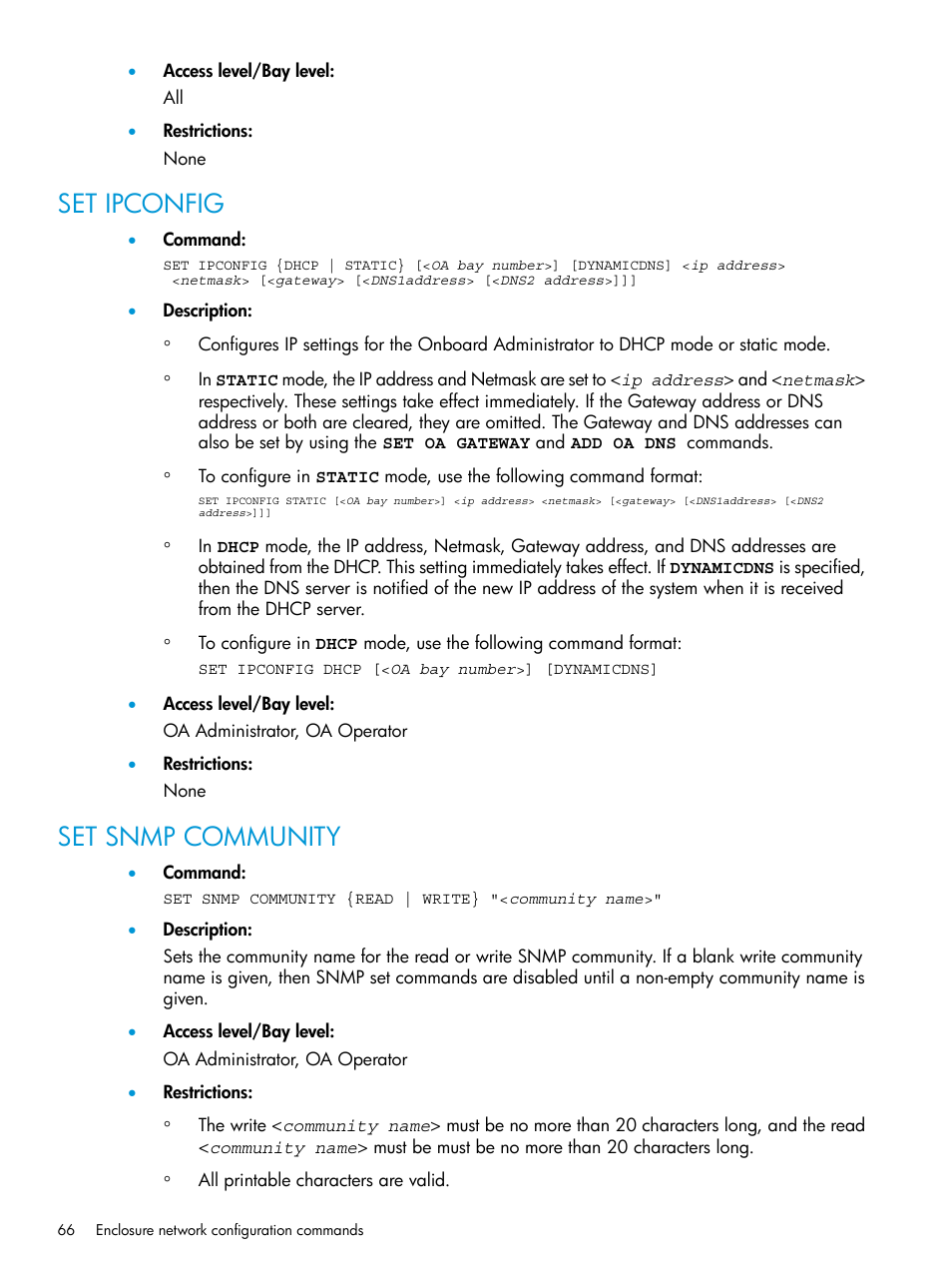 Set ipconfig, Set snmp community, Set ipconfig set snmp community | HP Integrity Superdome 2 Server User Manual | Page 66 / 217