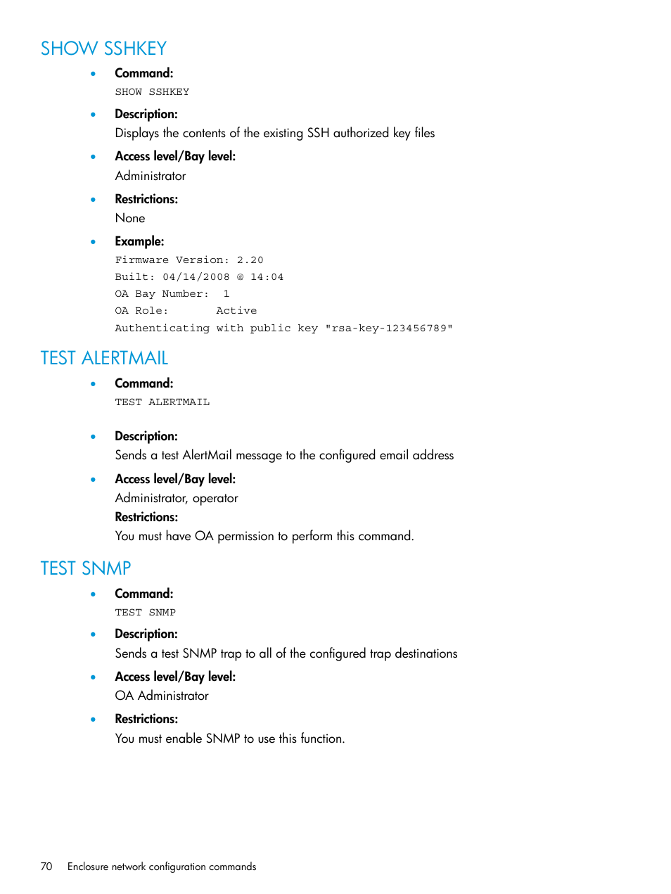 Show sshkey, Test alertmail, Test snmp | Show sshkey test alertmail test snmp | HP Integrity Superdome 2 Server User Manual | Page 70 / 217