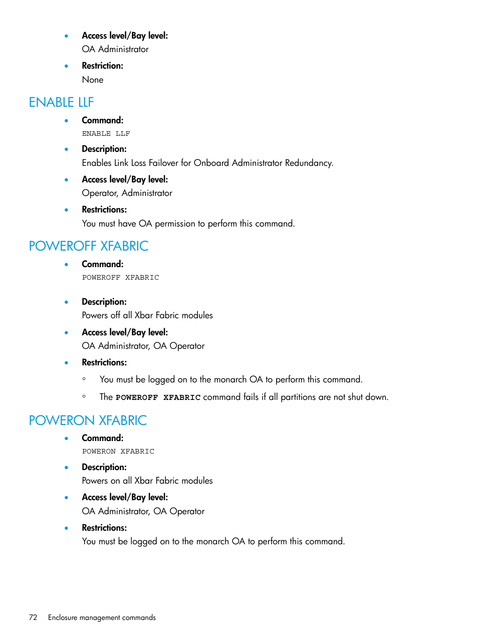 Enable llf, Poweroff xfabric, Poweron xfabric | Enable llf poweroff xfabric | HP Integrity Superdome 2 Server User Manual | Page 72 / 217