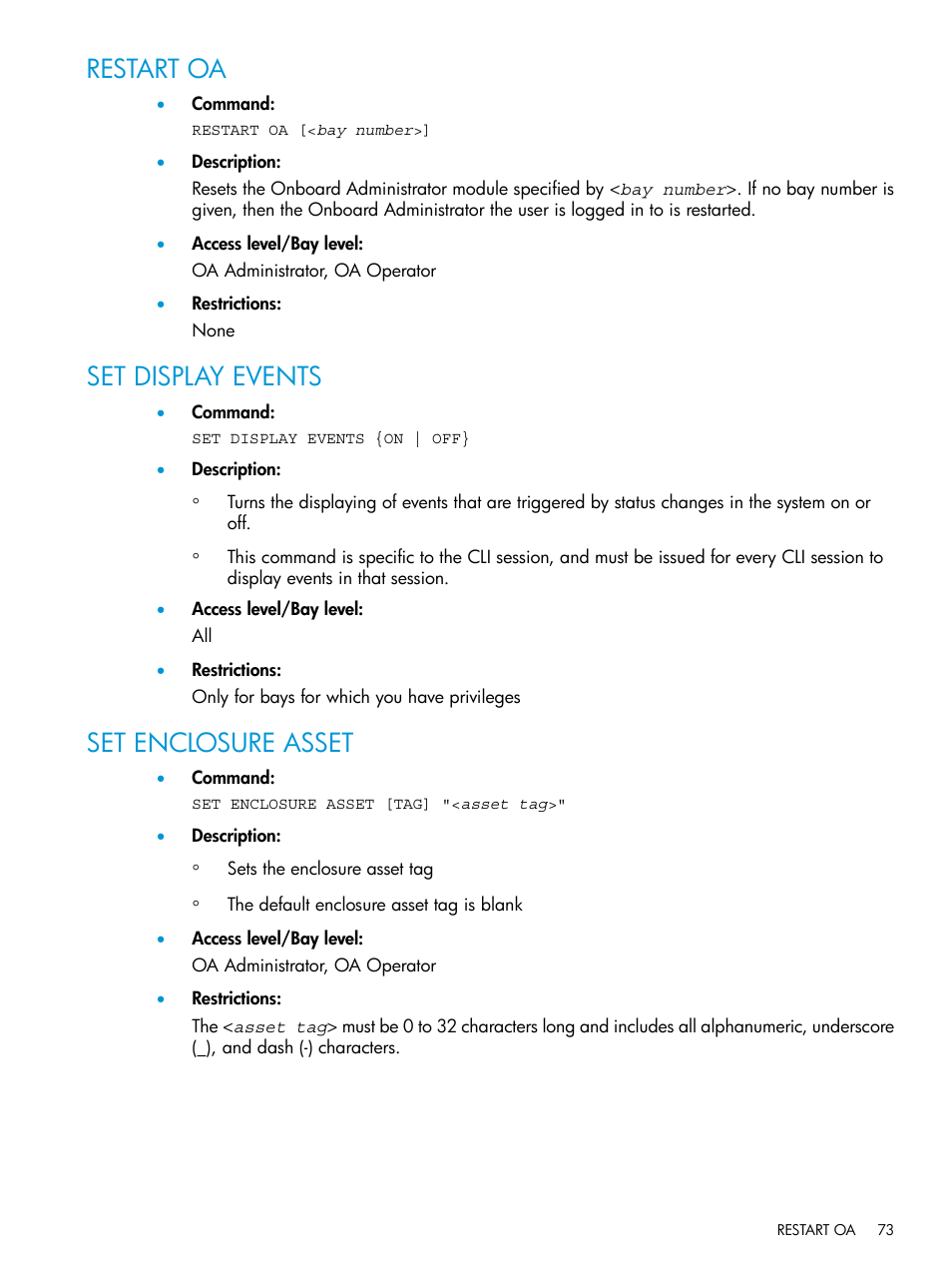 Restart oa, Set display events, Set enclosure asset | Restart oa set display events set enclosure asset | HP Integrity Superdome 2 Server User Manual | Page 73 / 217