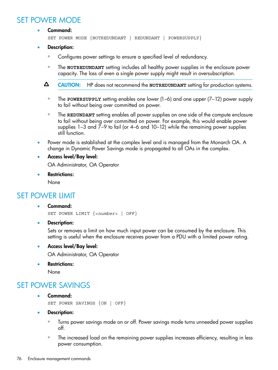 Set power mode, Set power limit, Set power savings | Set power mode set power limit set power savings | HP Integrity Superdome 2 Server User Manual | Page 76 / 217