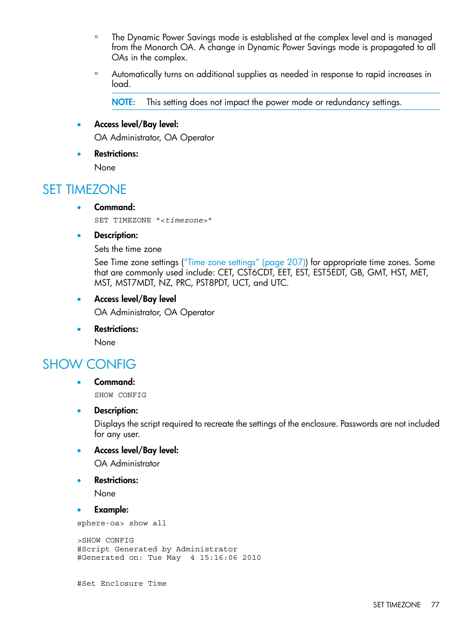 Set timezone, Show config, Set timezone show config | HP Integrity Superdome 2 Server User Manual | Page 77 / 217