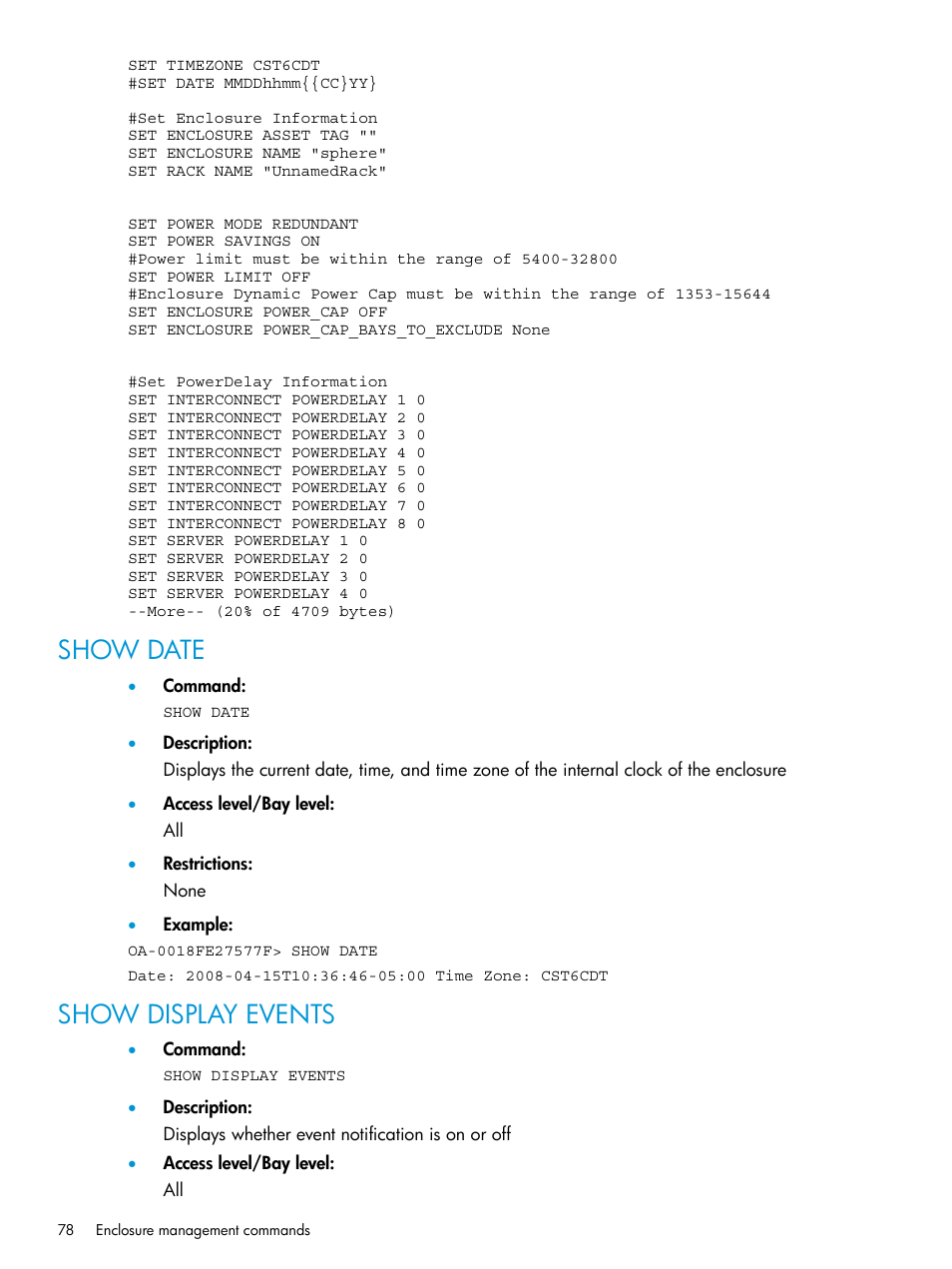 Show date, Show display events, Show date show display events | HP Integrity Superdome 2 Server User Manual | Page 78 / 217