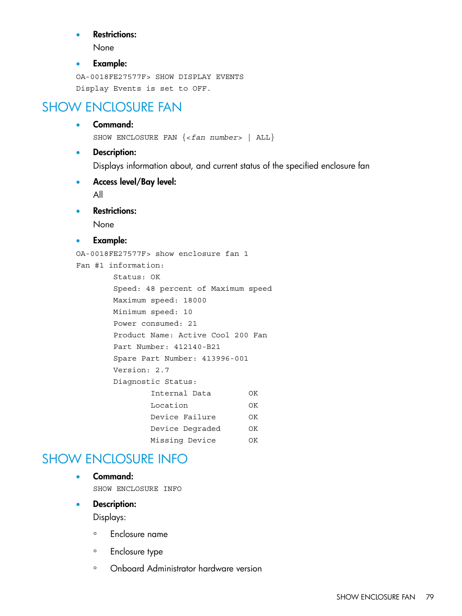 Show enclosure fan, Show enclosure info, Show enclosure fan show enclosure info | HP Integrity Superdome 2 Server User Manual | Page 79 / 217