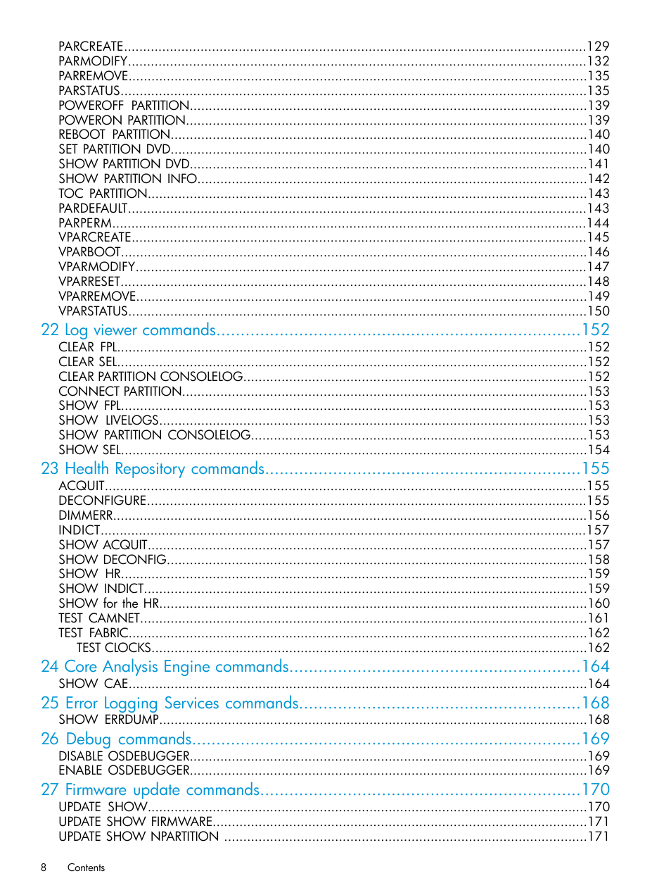 22 log viewer commands, 23 health repository commands, 24 core analysis engine commands | 25 error logging services commands, 26 debug commands, 27 firmware update commands | HP Integrity Superdome 2 Server User Manual | Page 8 / 217