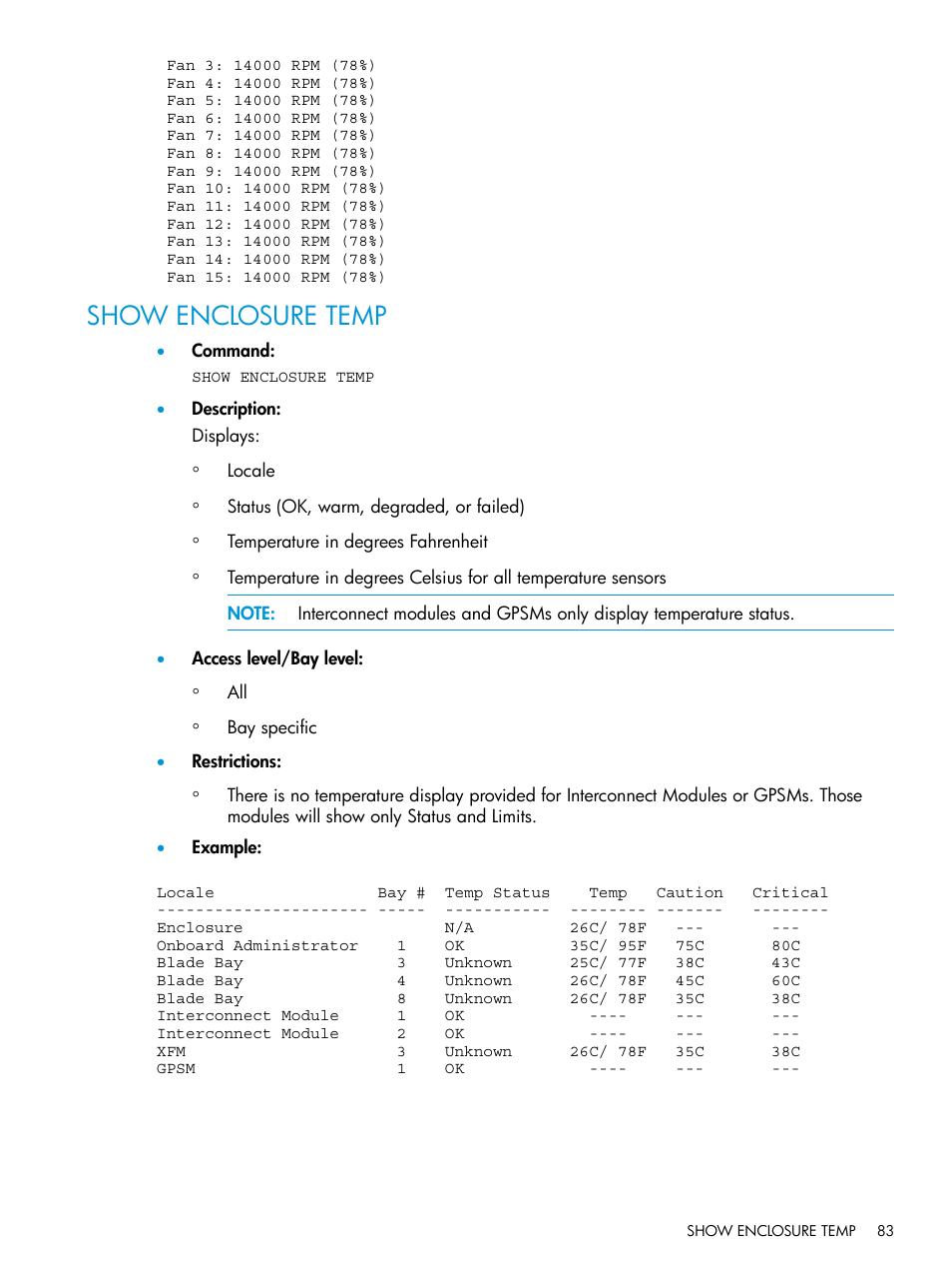 Show enclosure temp | HP Integrity Superdome 2 Server User Manual | Page 83 / 217