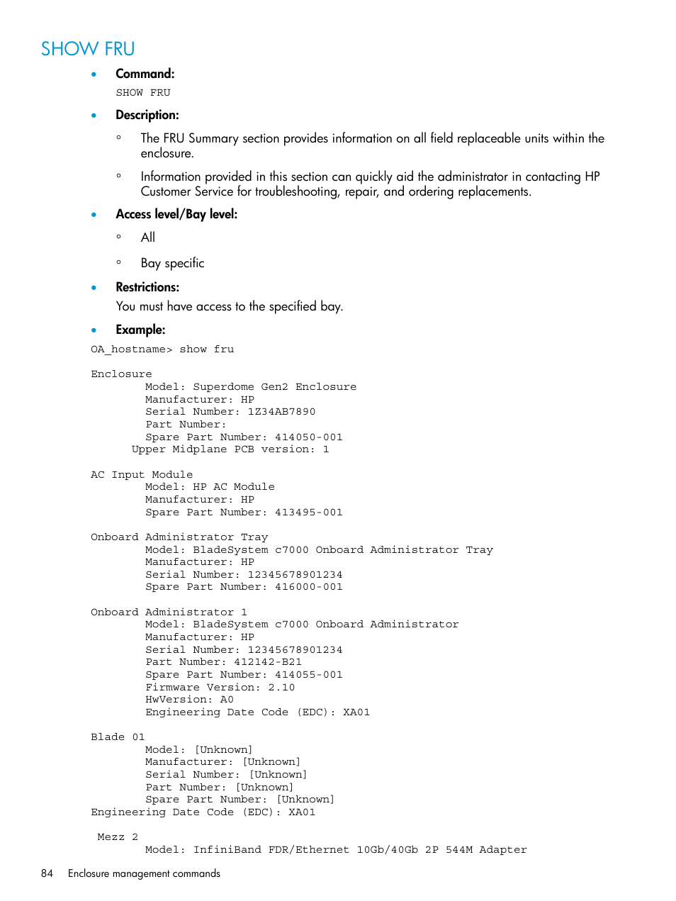 Show fru | HP Integrity Superdome 2 Server User Manual | Page 84 / 217