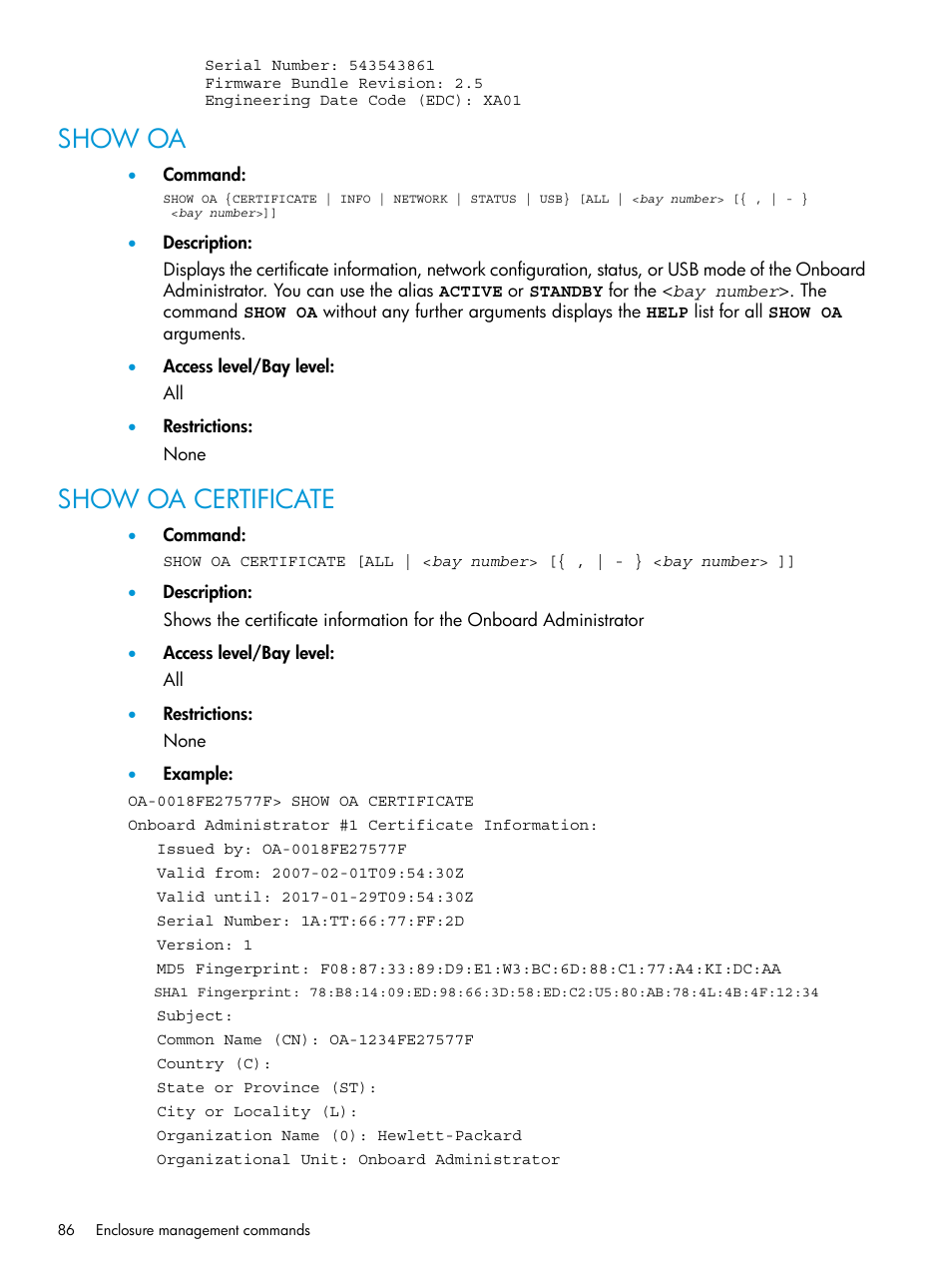 Show oa, Show oa certificate, Show oa show oa certificate | HP Integrity Superdome 2 Server User Manual | Page 86 / 217